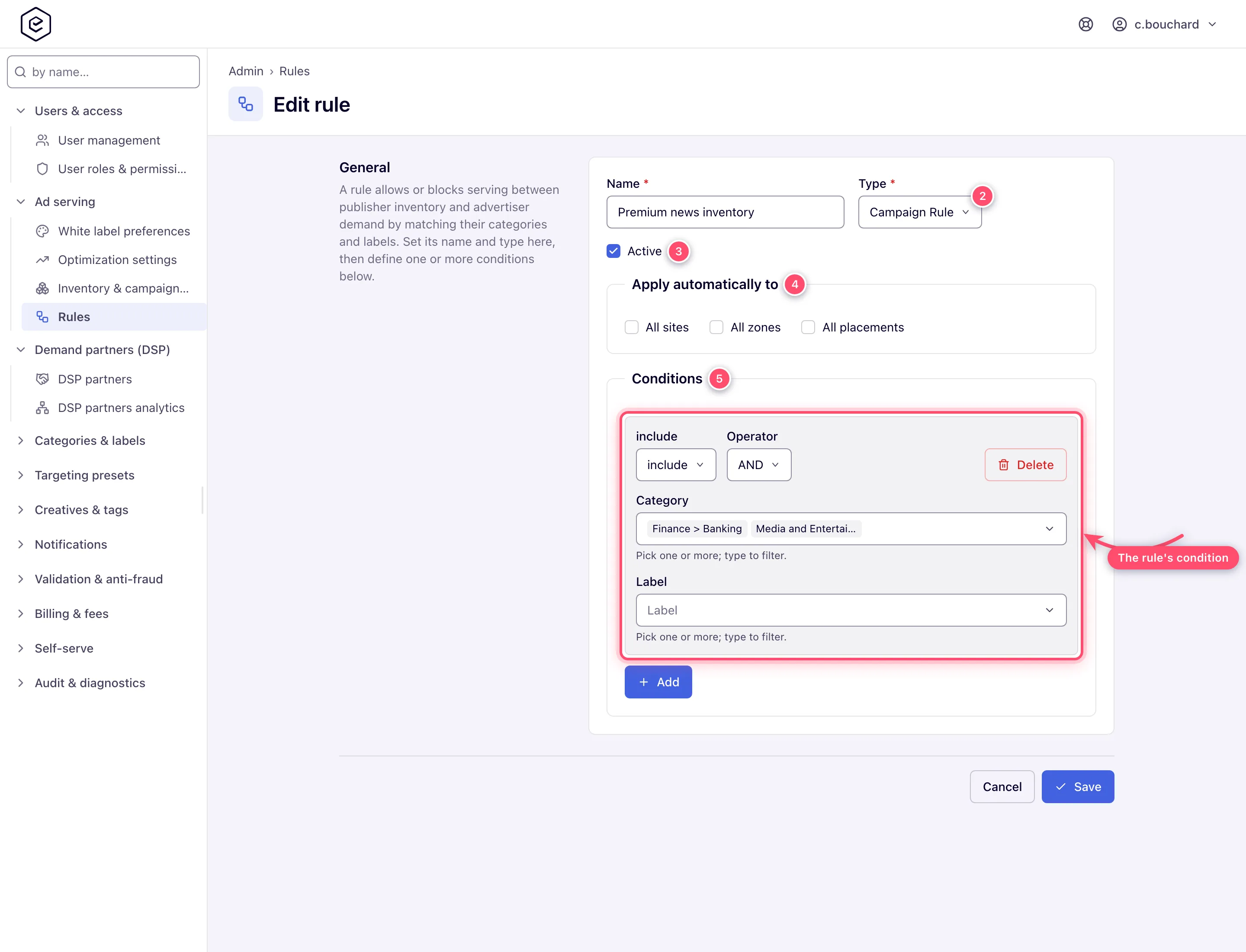 Rules edit form for a Campaign rule — Type, Active, the Apply automatically to checkboxes, and one condition matching two advertising categories