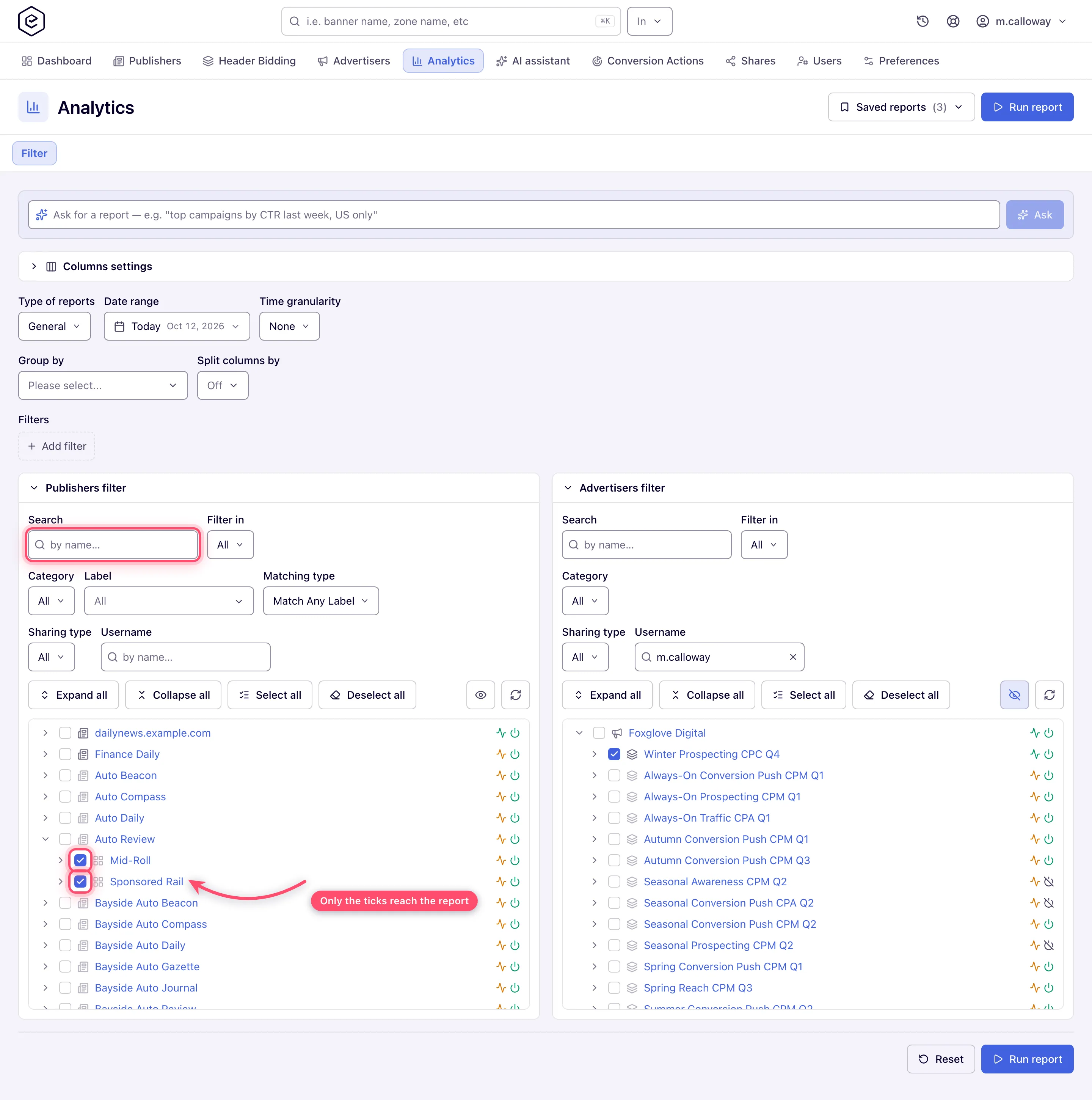 The Publishers and Advertisers filter trees