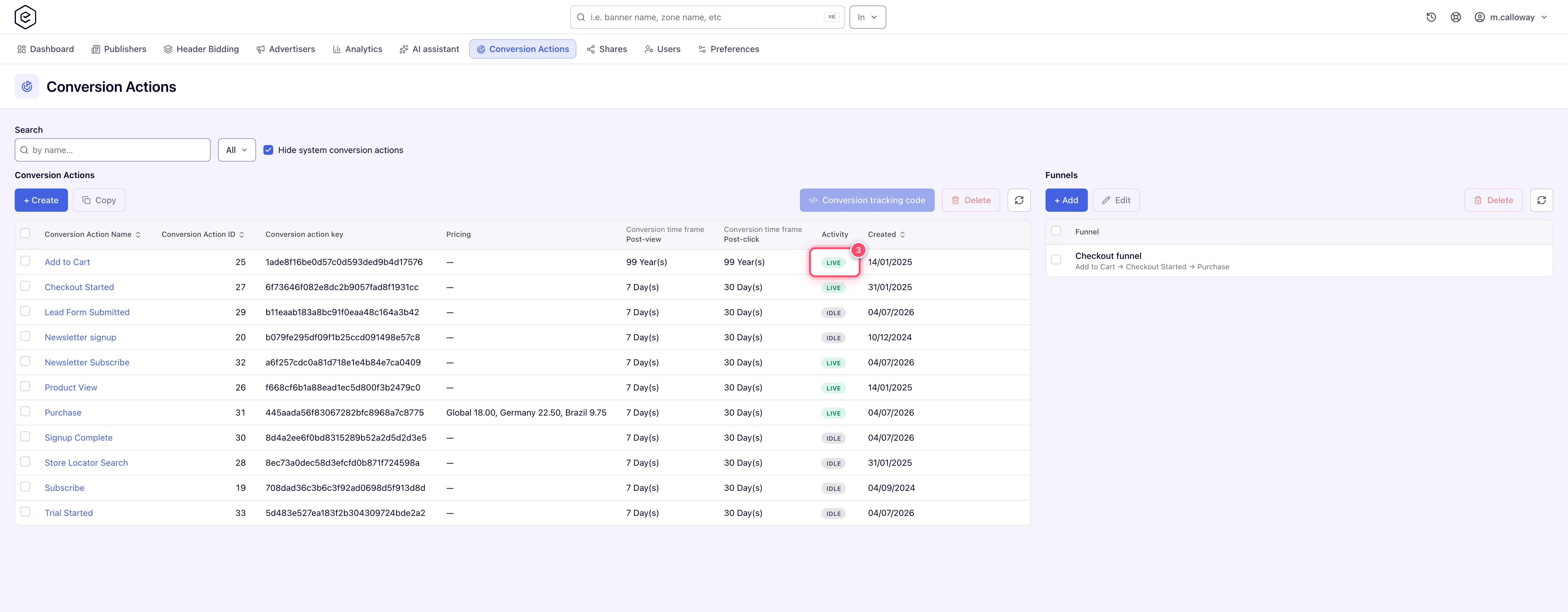 Conversion Actions grid with an action whose Activity reads Live