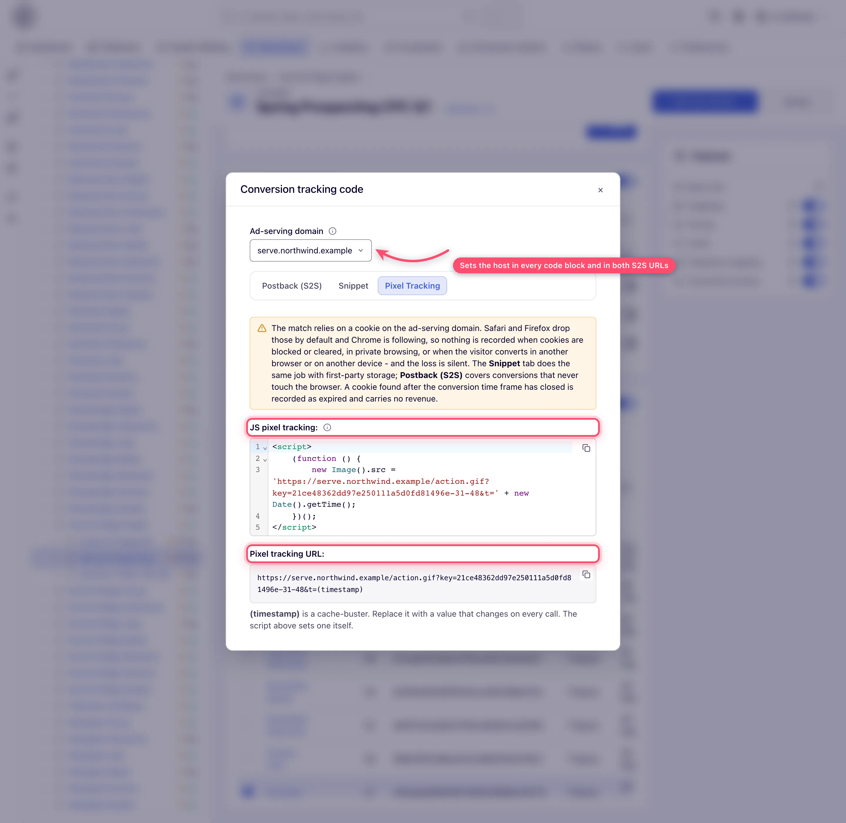 Conversion tracking code window on the Pixel Tracking tab
