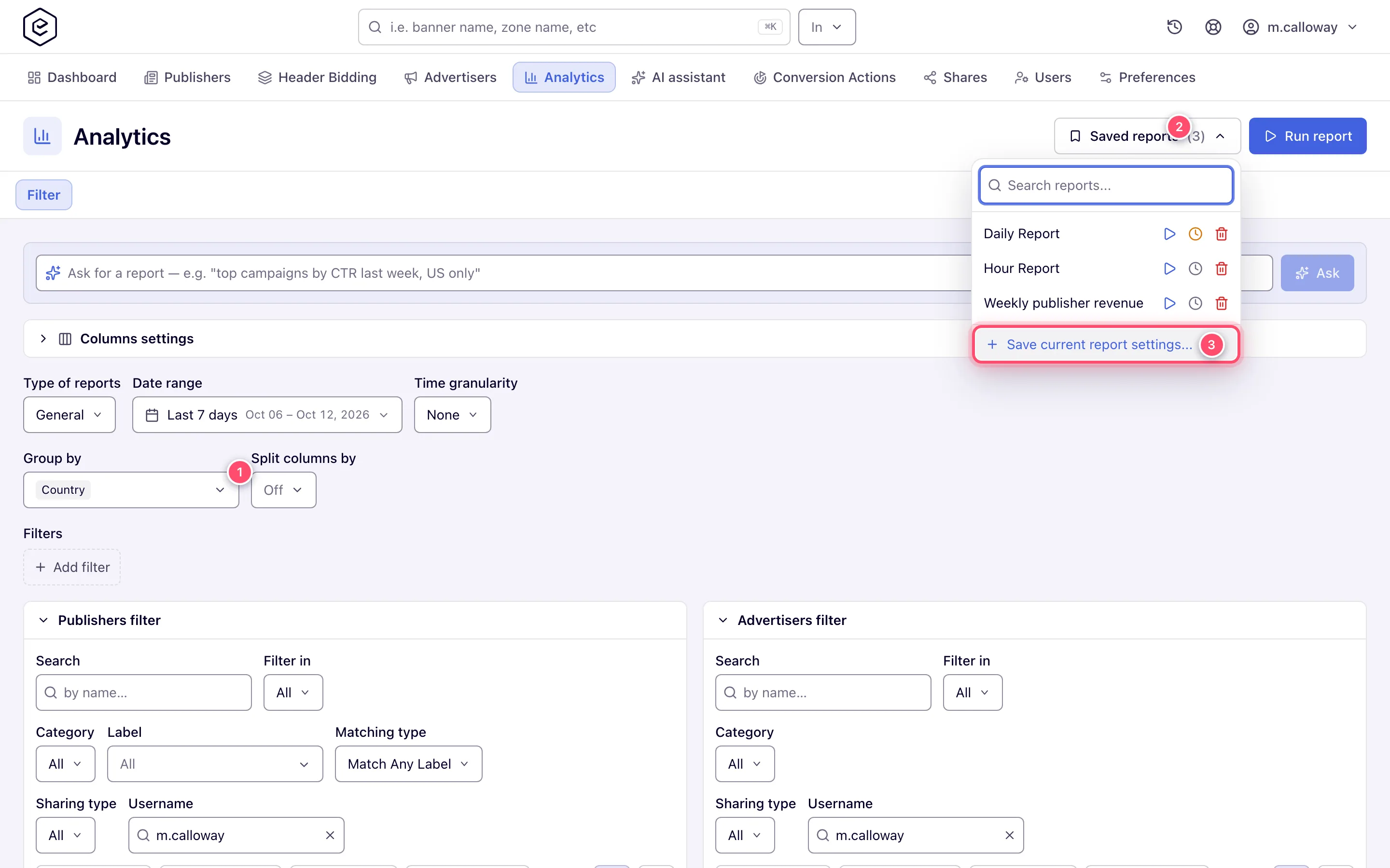 Filter form with Group by set and the Saved reports popover open on Save current report settings