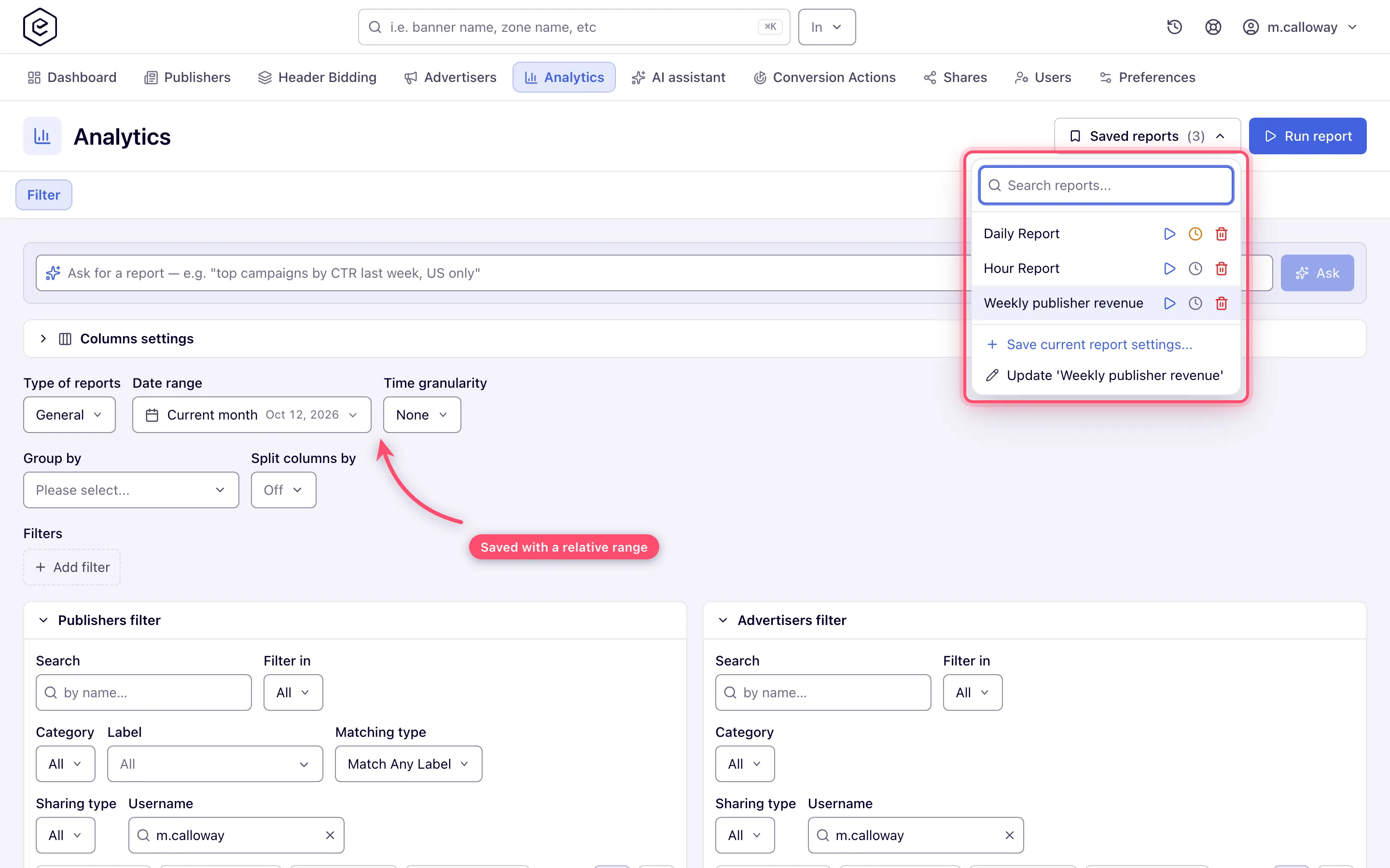 Saved reports popover with a template applied