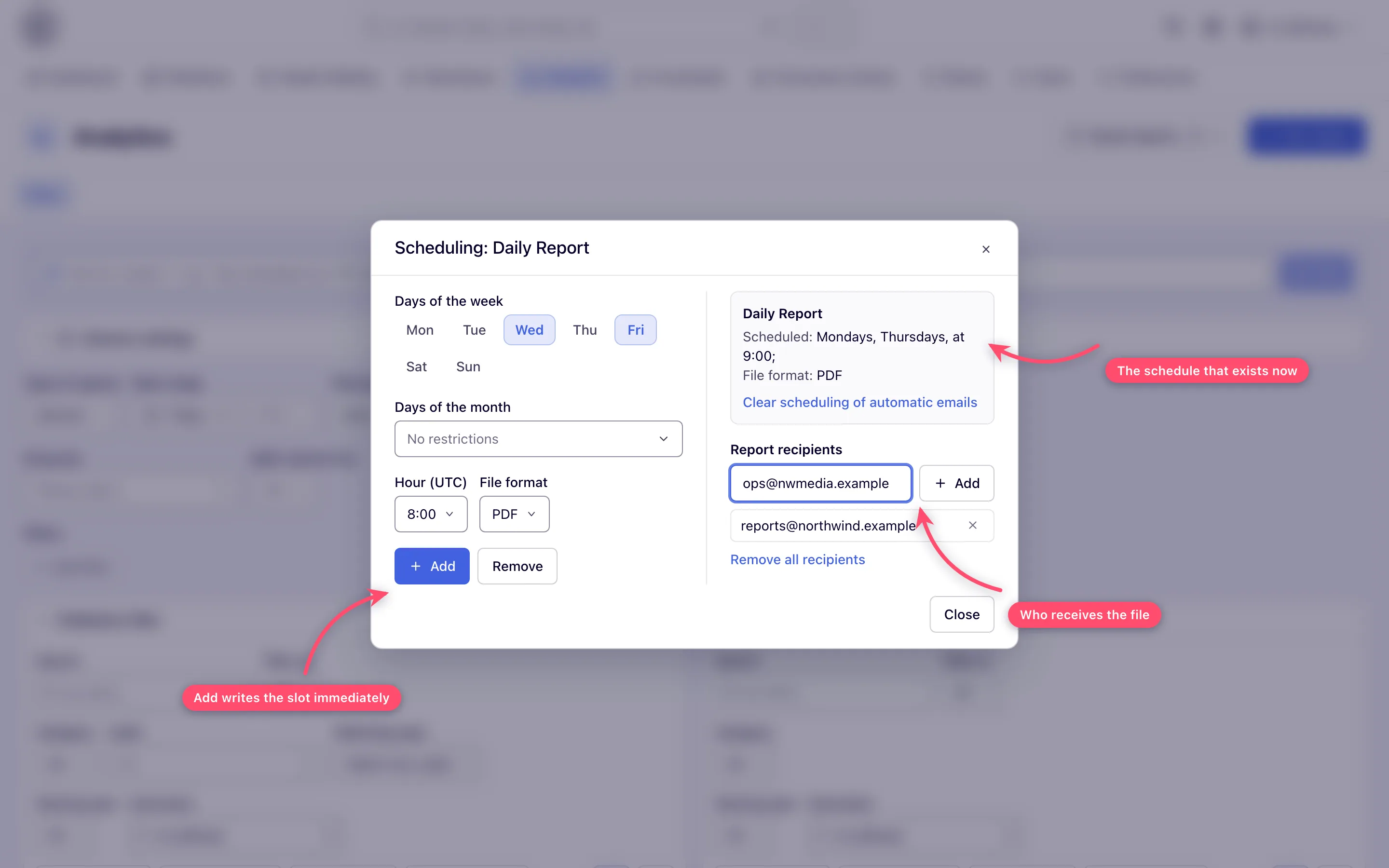 Scheduling dialog