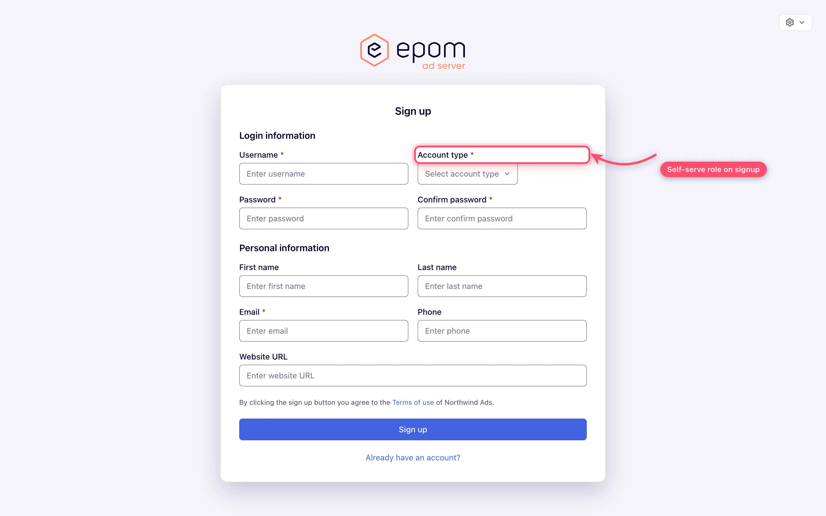 Branded self-serve signup form