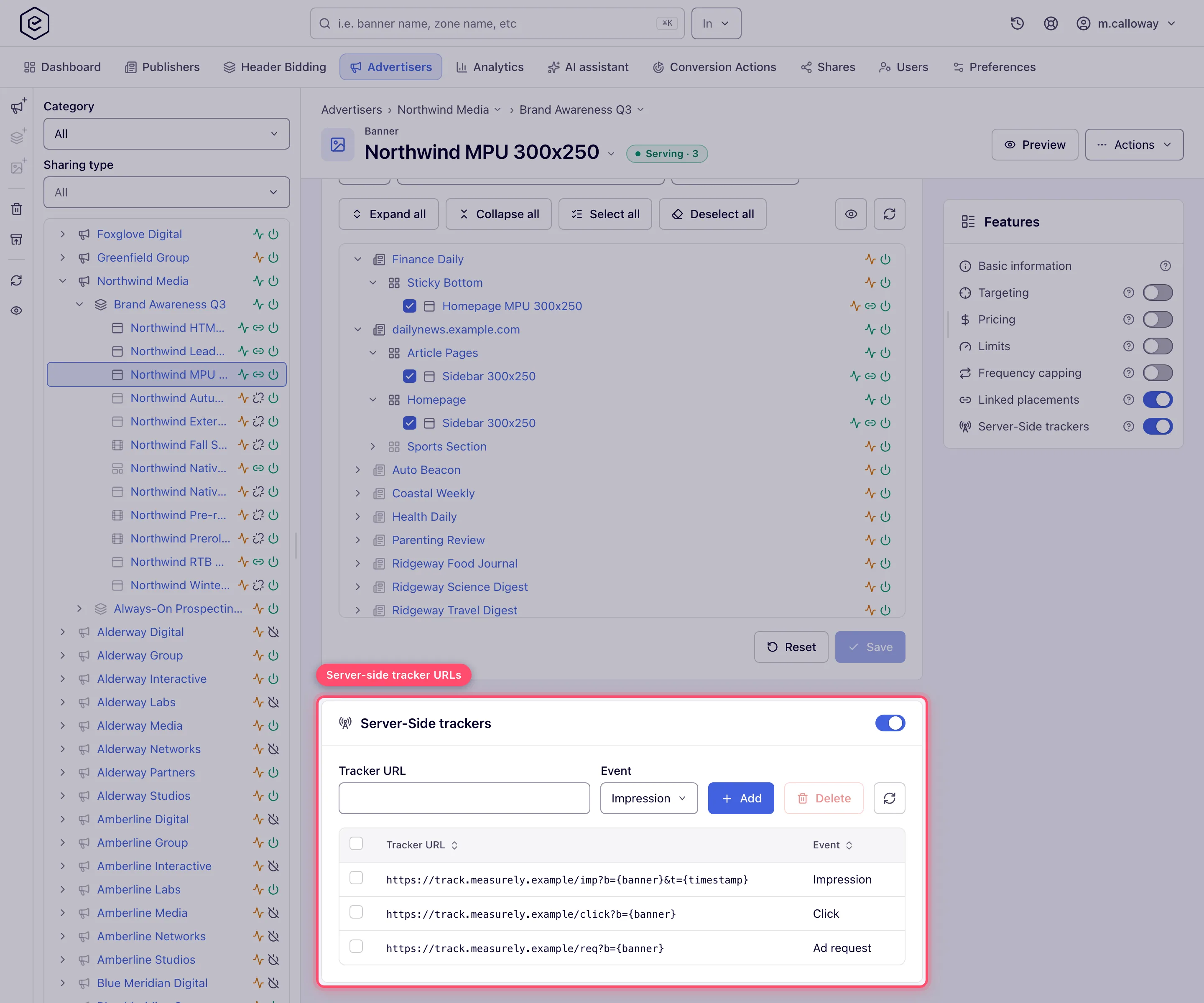 Server-Side trackers card on a banner, one row per event