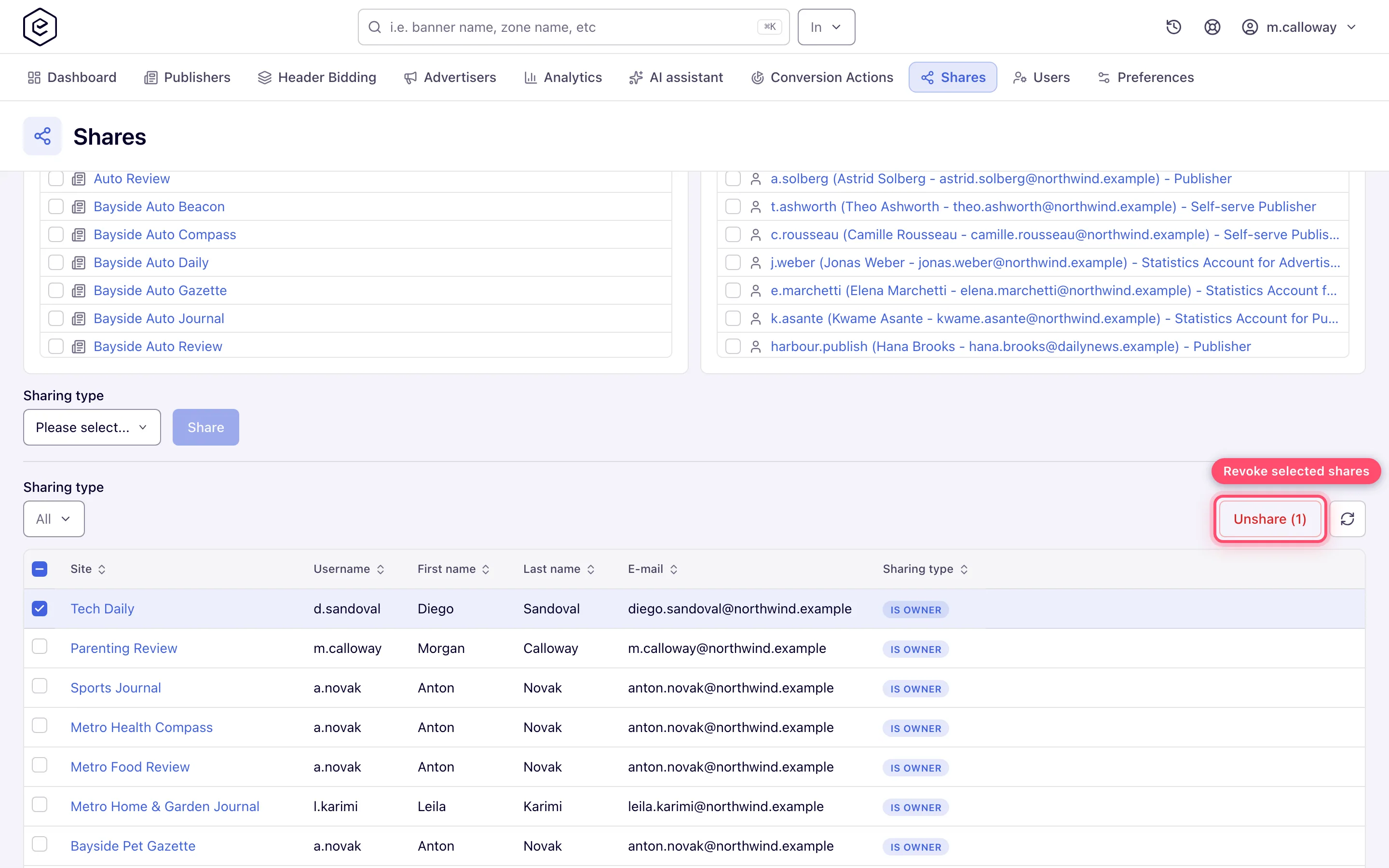 Shares grid with sharing type badges