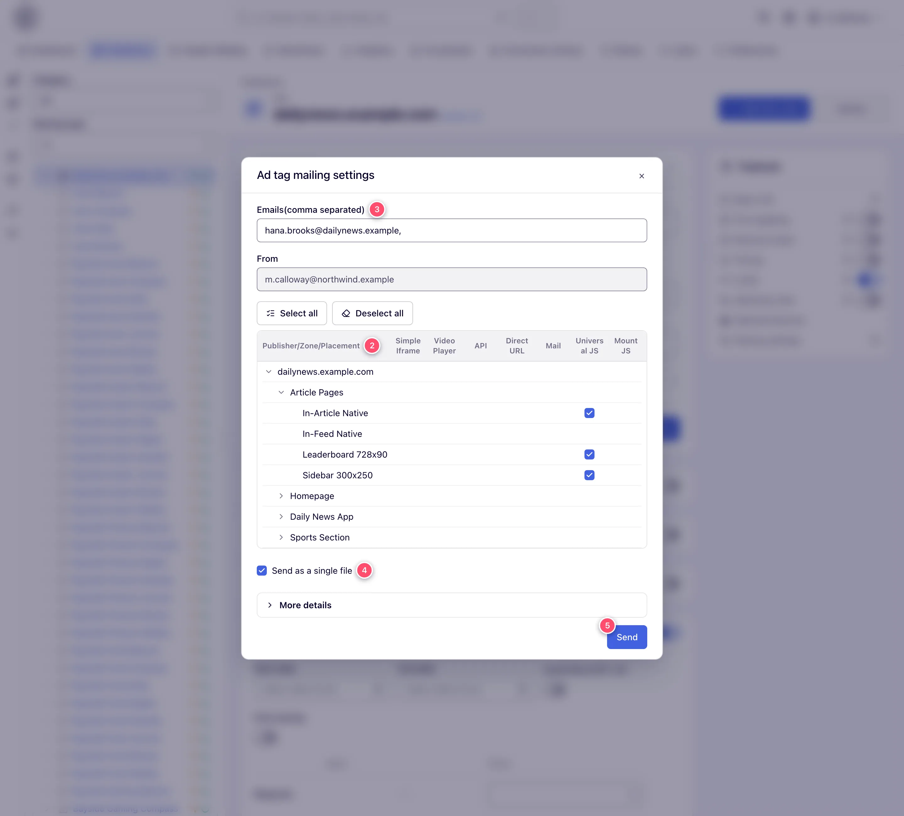 Ad tag mailing settings dialog with the placement grid, the Emails field, Send as a single file and Send