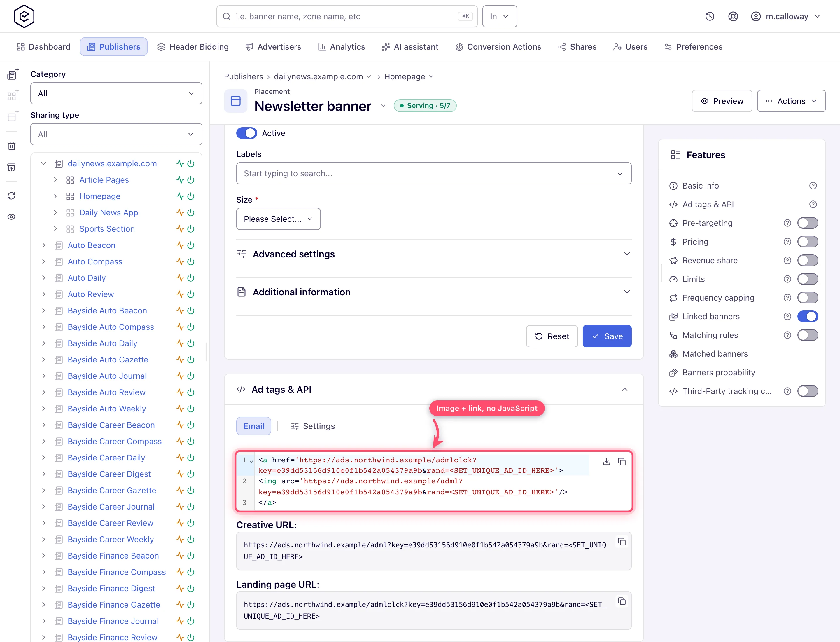 Email tab of the Ad tags & API card with the generated image-plus-link snippet