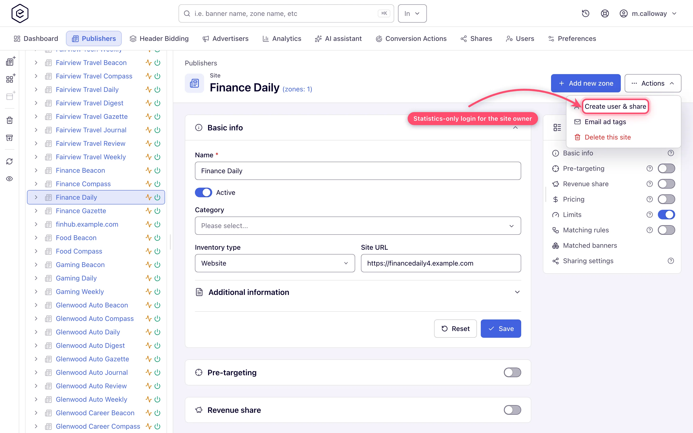 Site header Actions menu