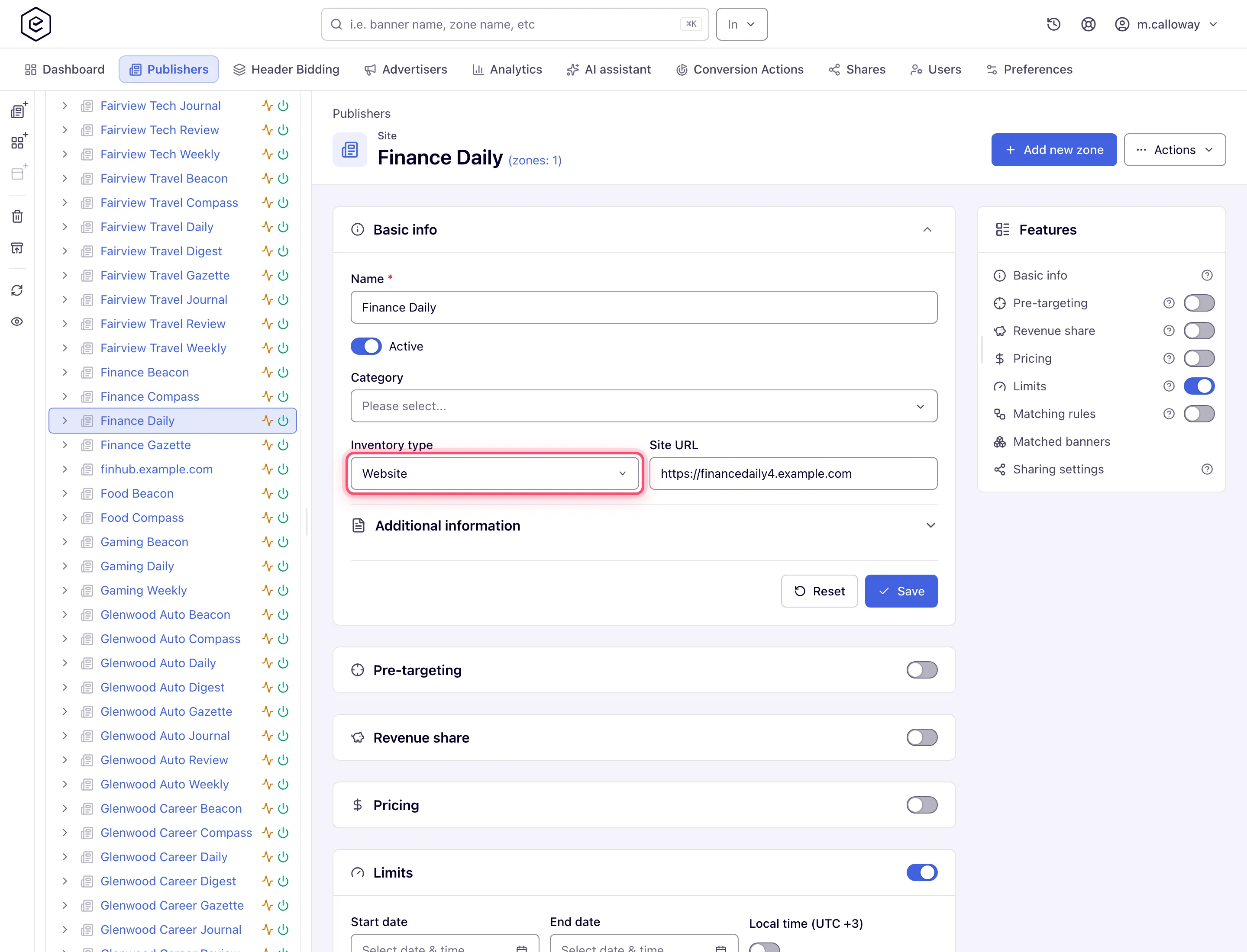 Site Basic info card with name, category, inventory type and URL