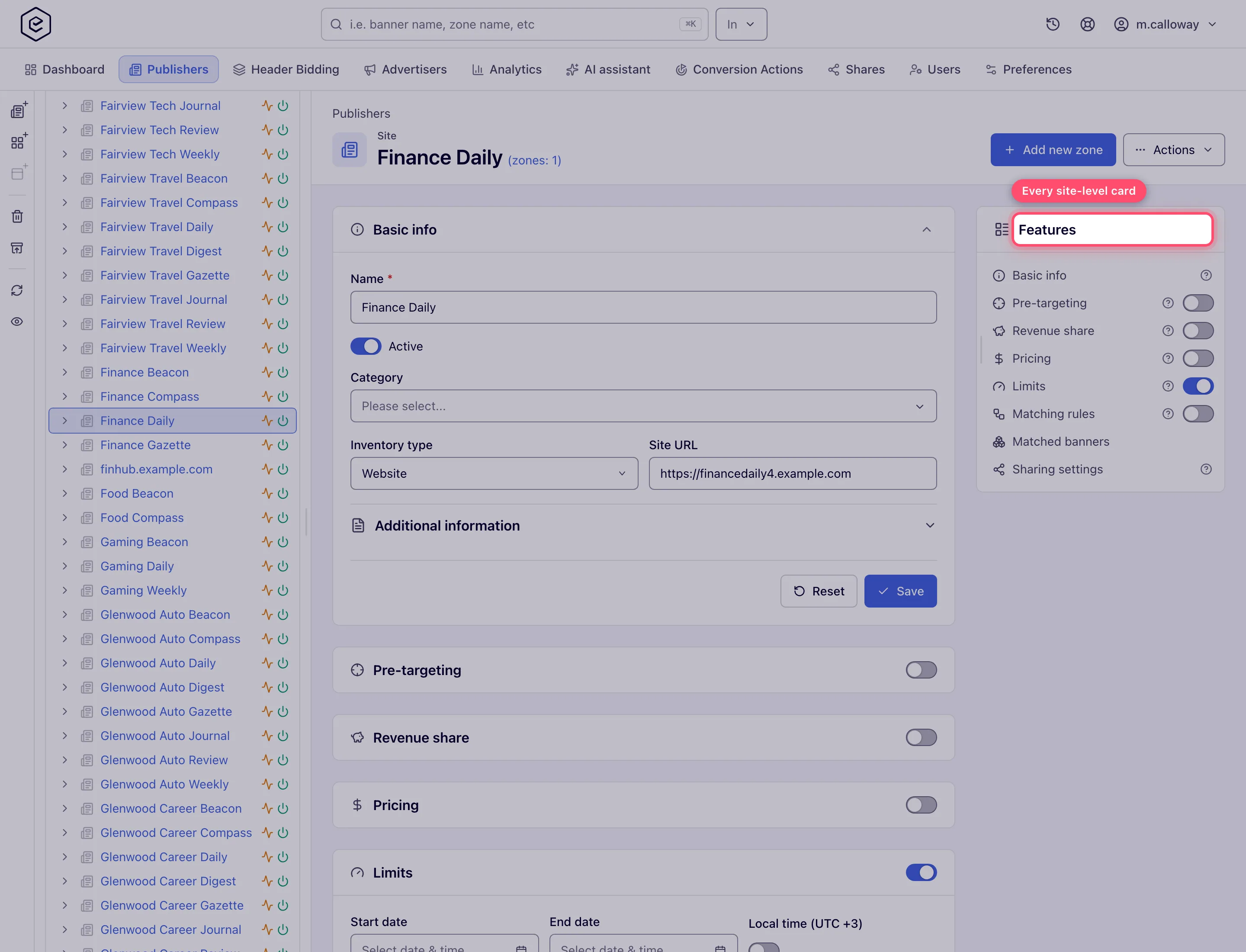 Site edit page with the feature rail listing the site-level cards