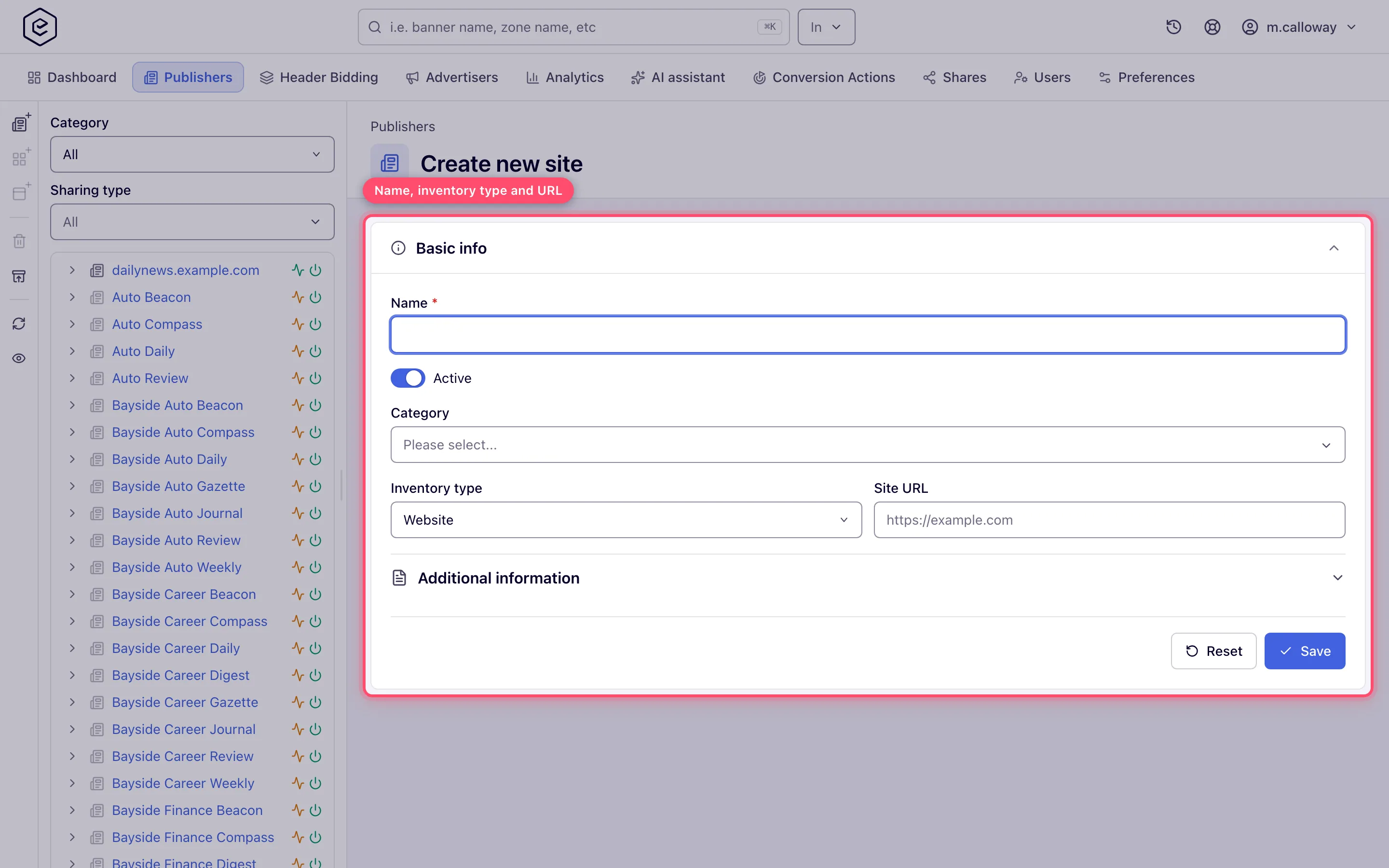 Create new site form with name, inventory type and site URL