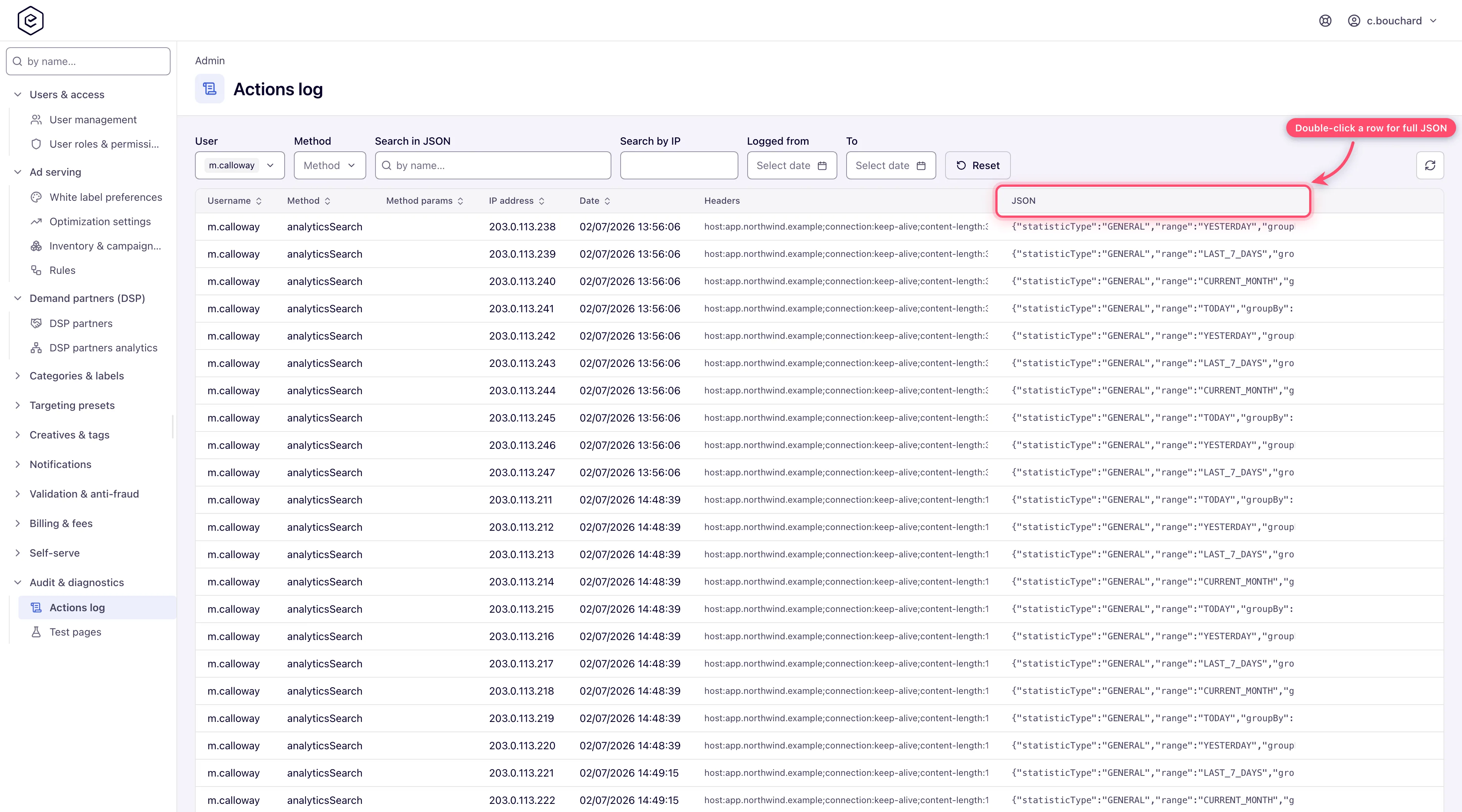 Actions Log audit grid with its six filters and seven columns