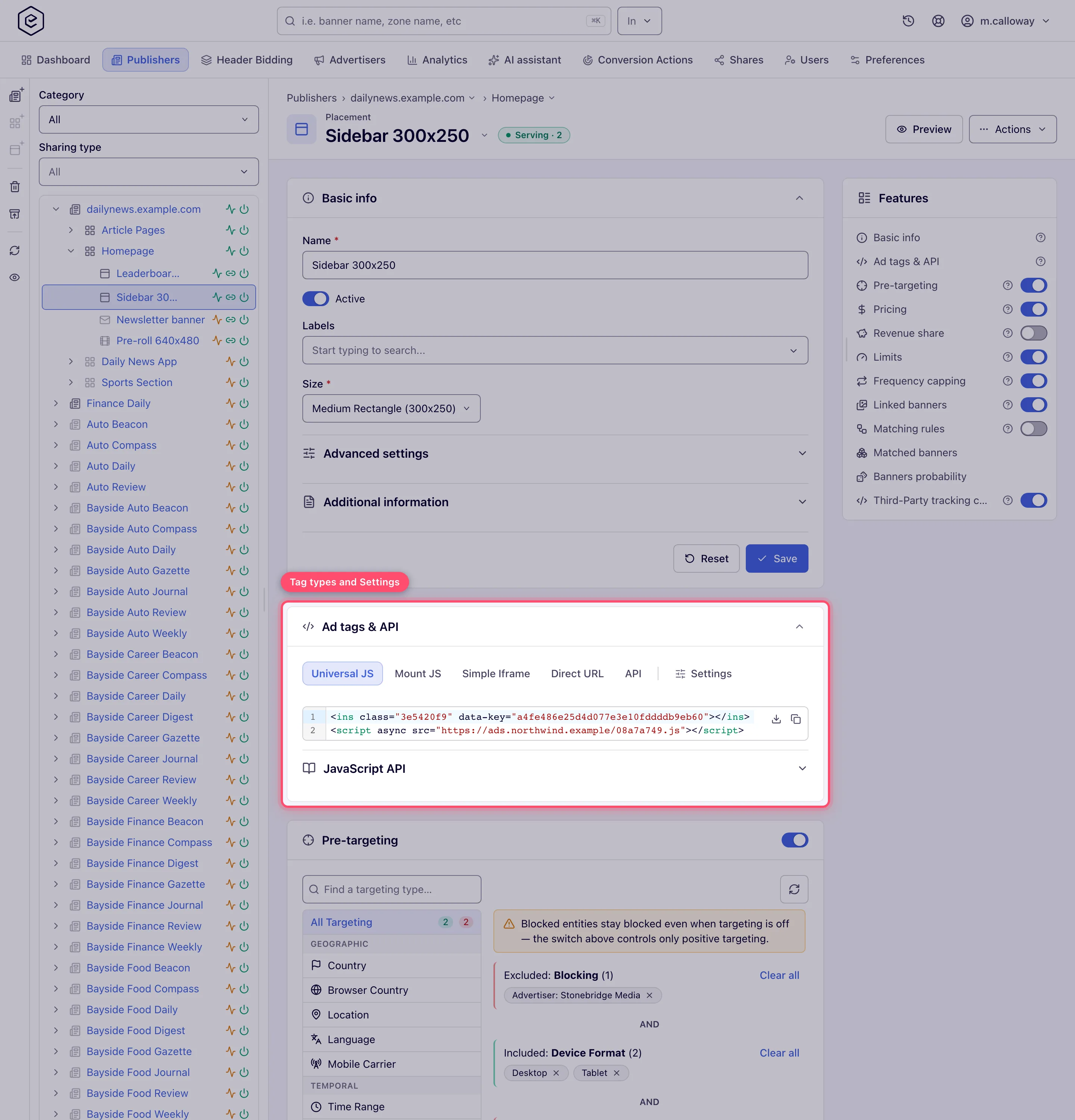 Ad tags & API card