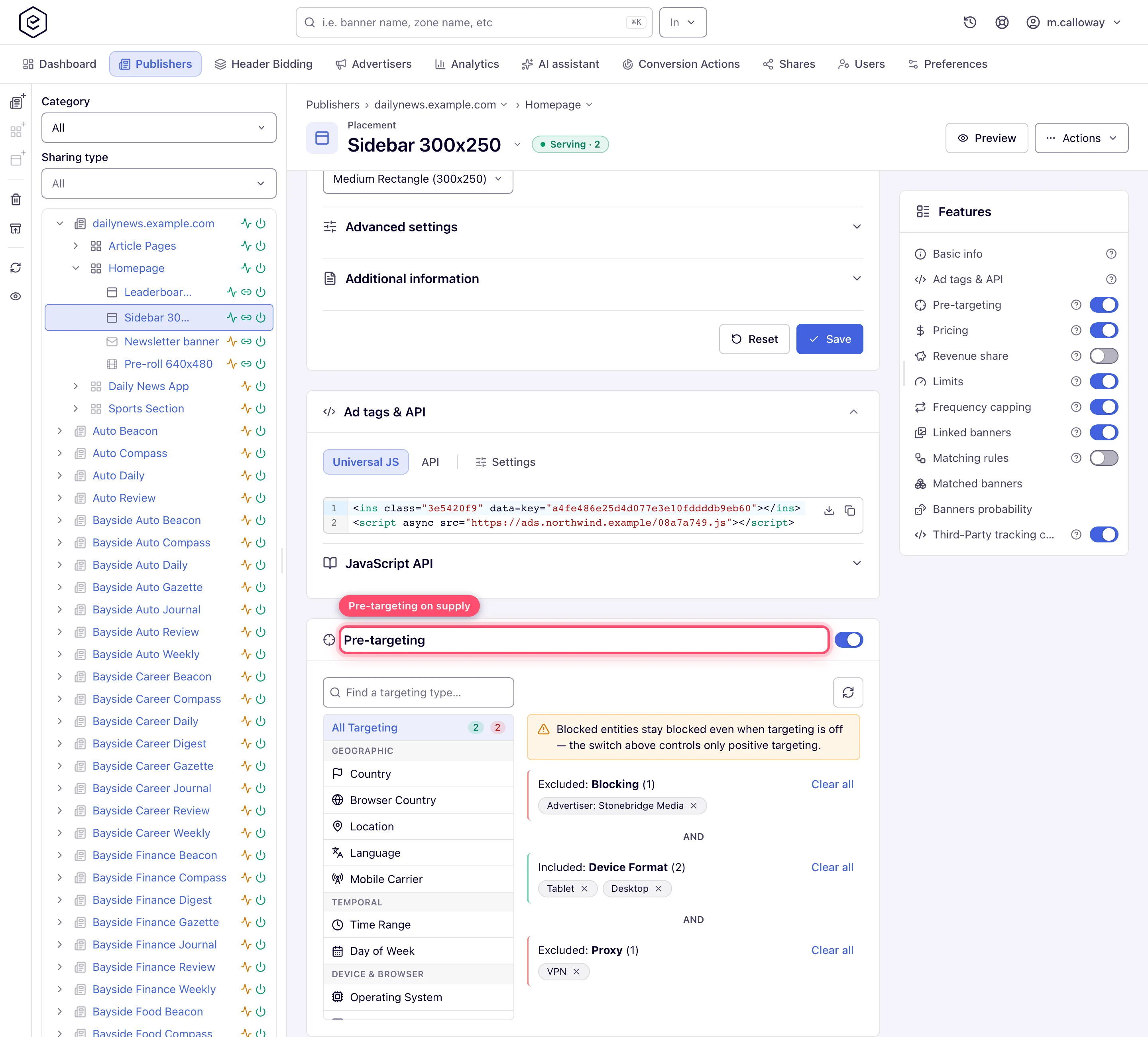 Placement Pre-targeting card listing saved groups separated by AND labels