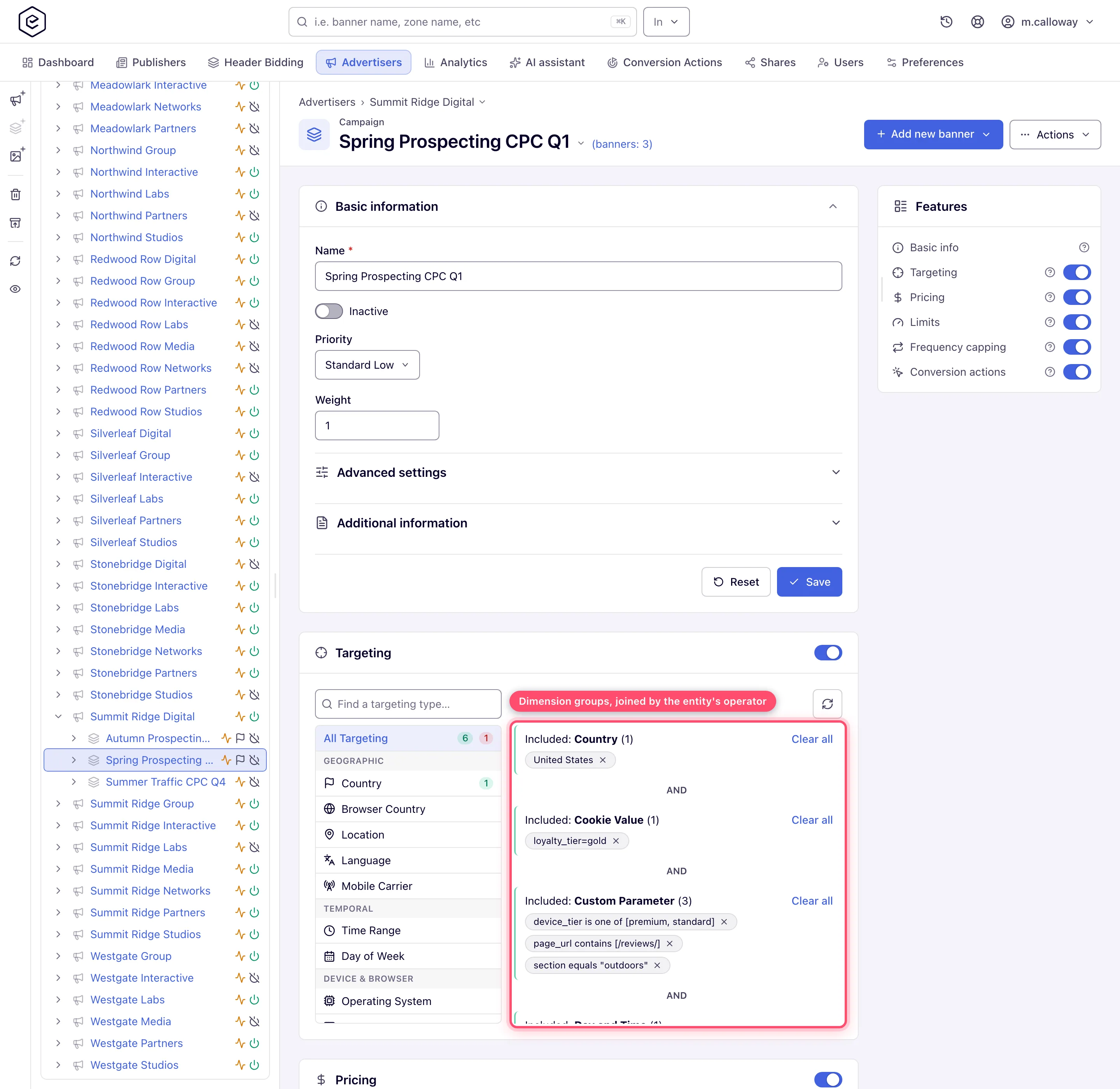Campaign Targeting card with an Operating System group, a Browser group and a Blocking group separated by AND labels