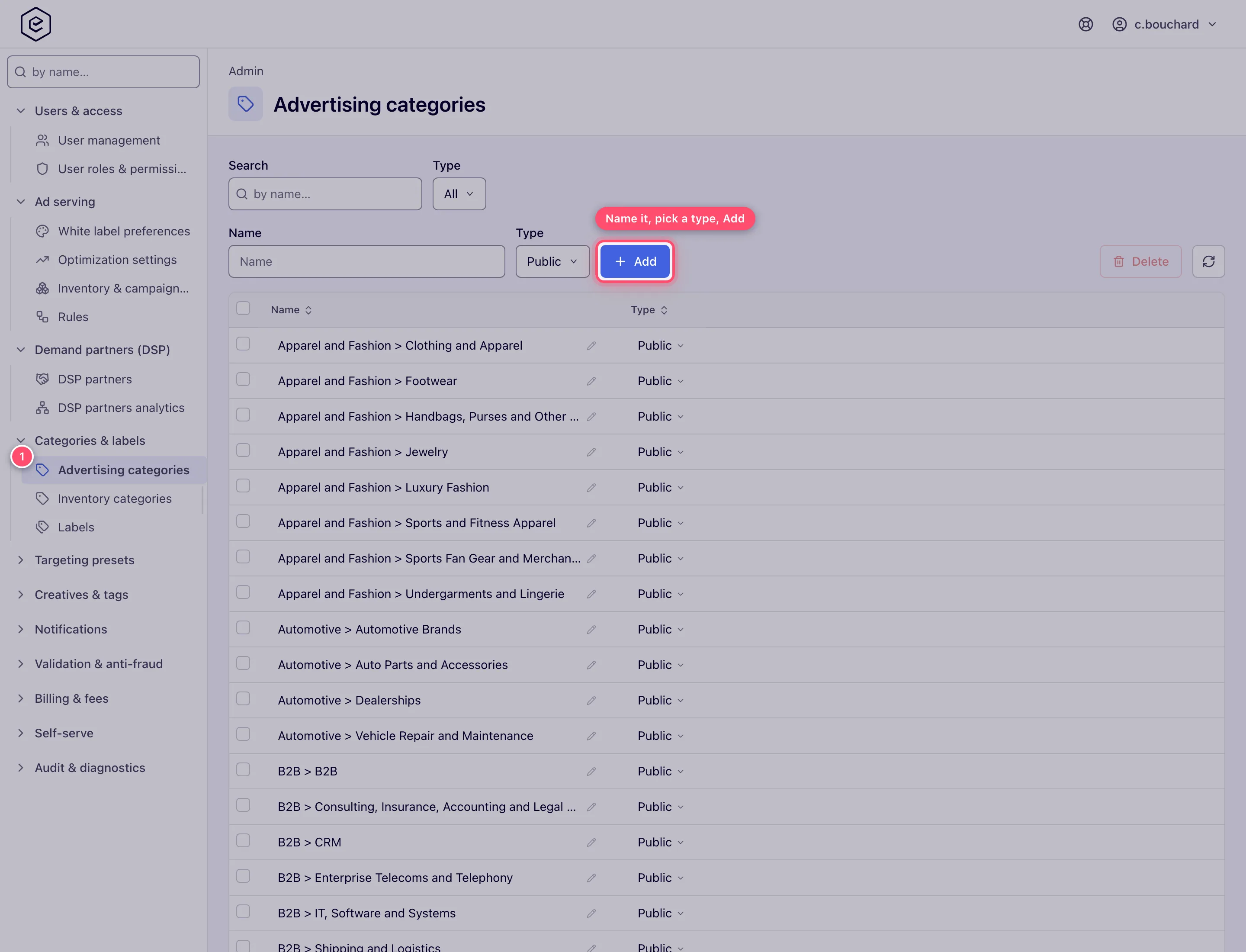Advertising categories admin page: the add bar above a grid of categories with Name and Type columns