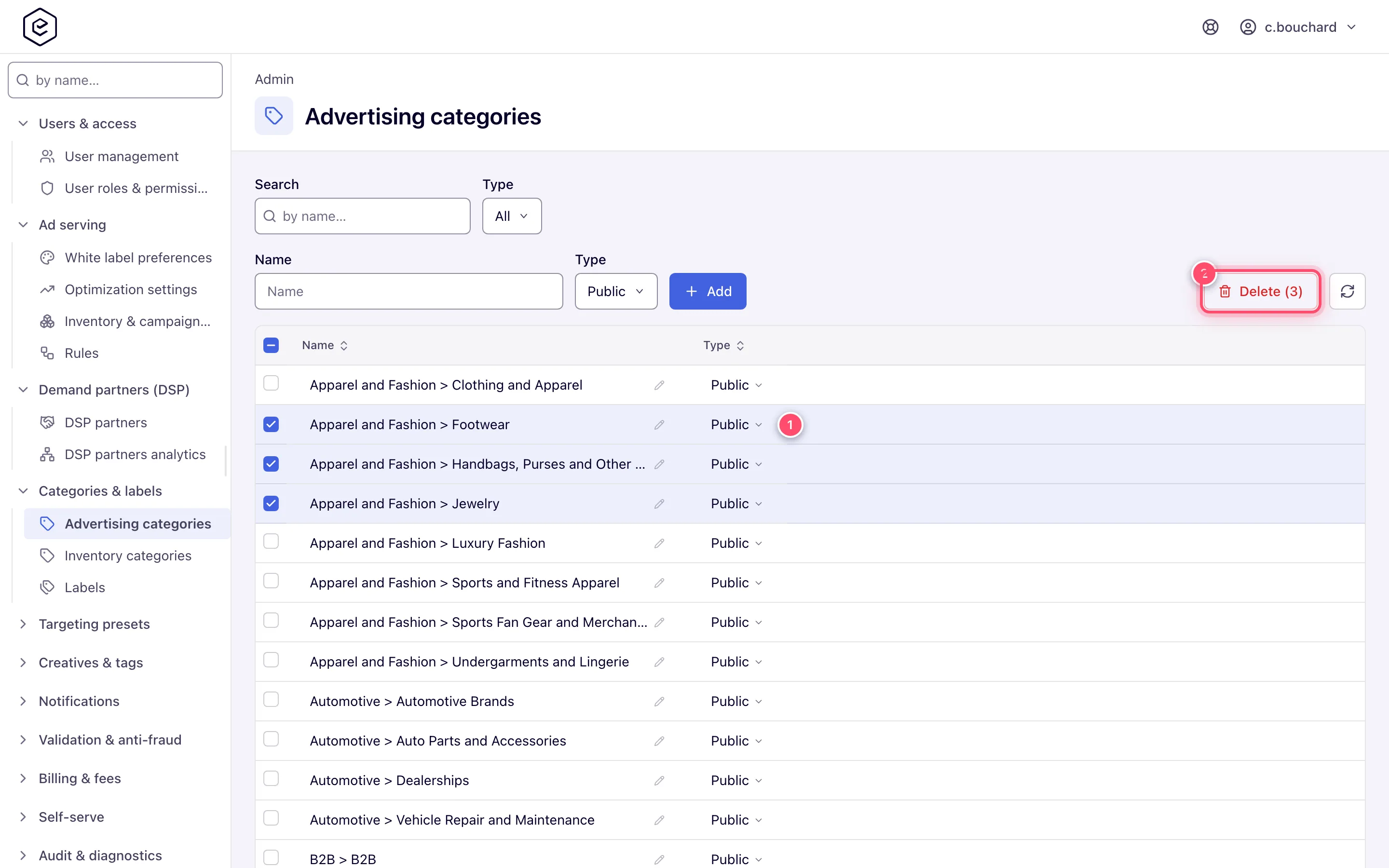 Advertising categories grid with three rows ticked and the Delete (3) button