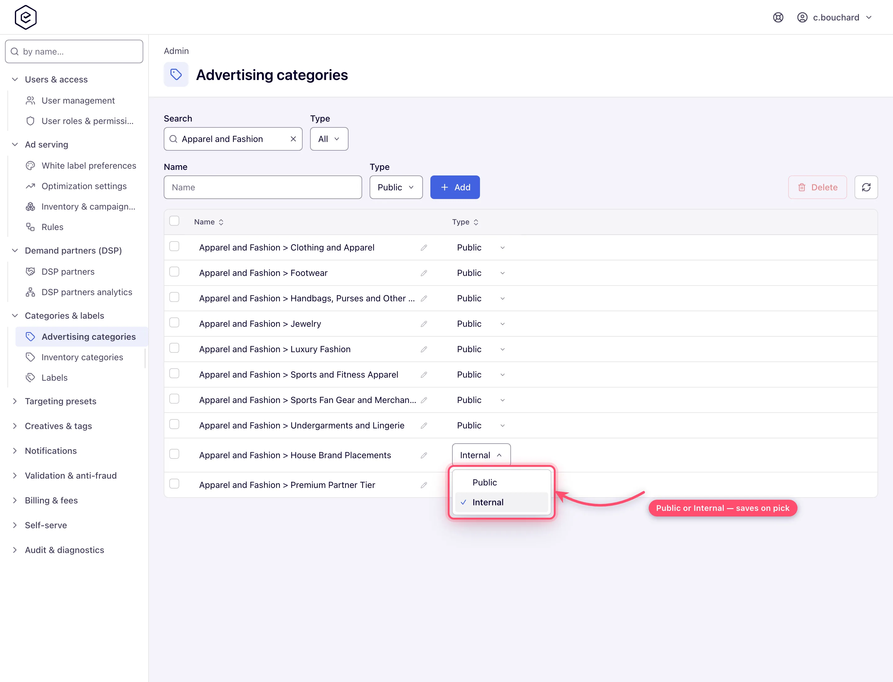 Advertising categories grid with one row's Type cell open in place, offering Public and Internal