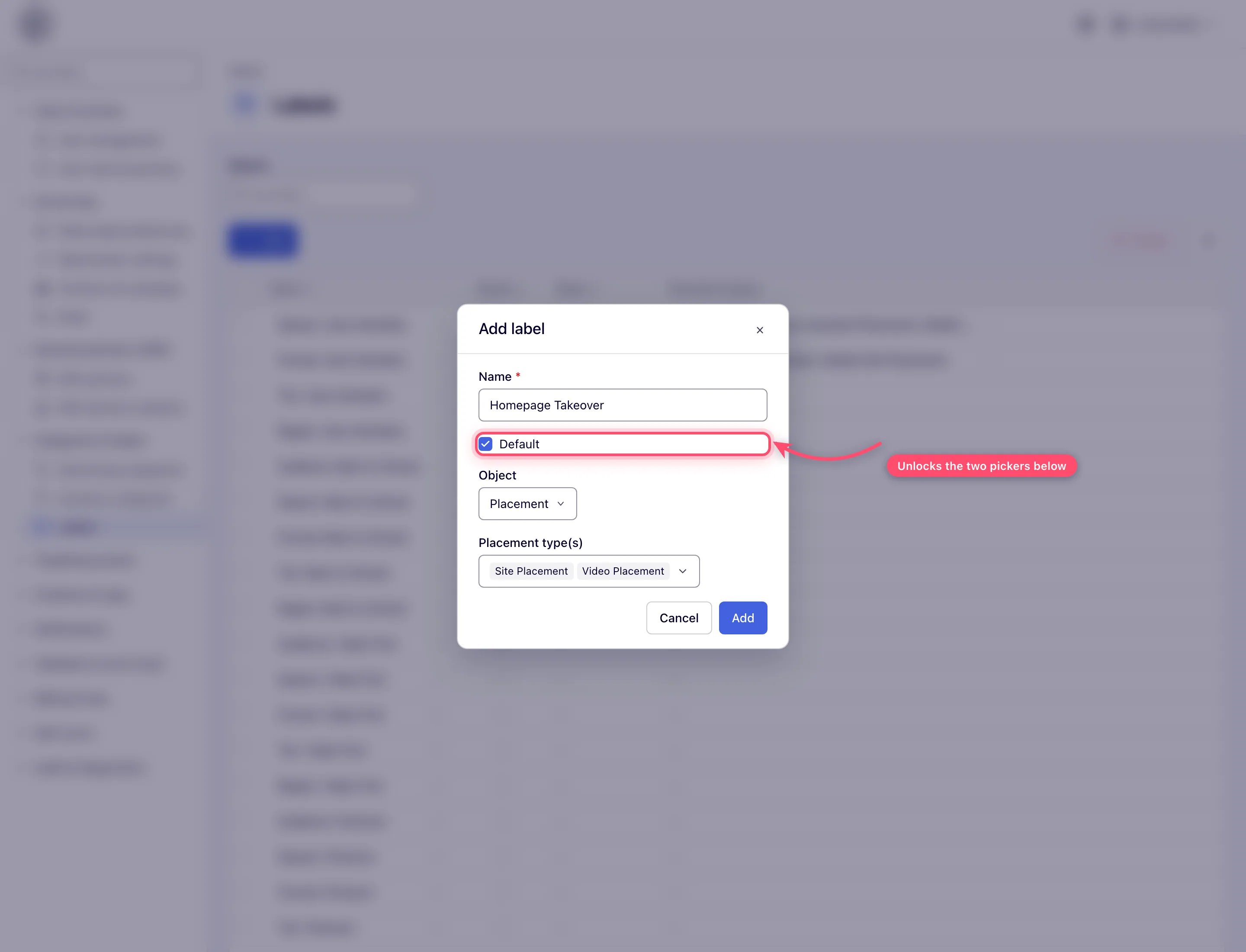 Add label dialog with a name entered, Default ticked and the Object and Placement type(s) pickers enabled