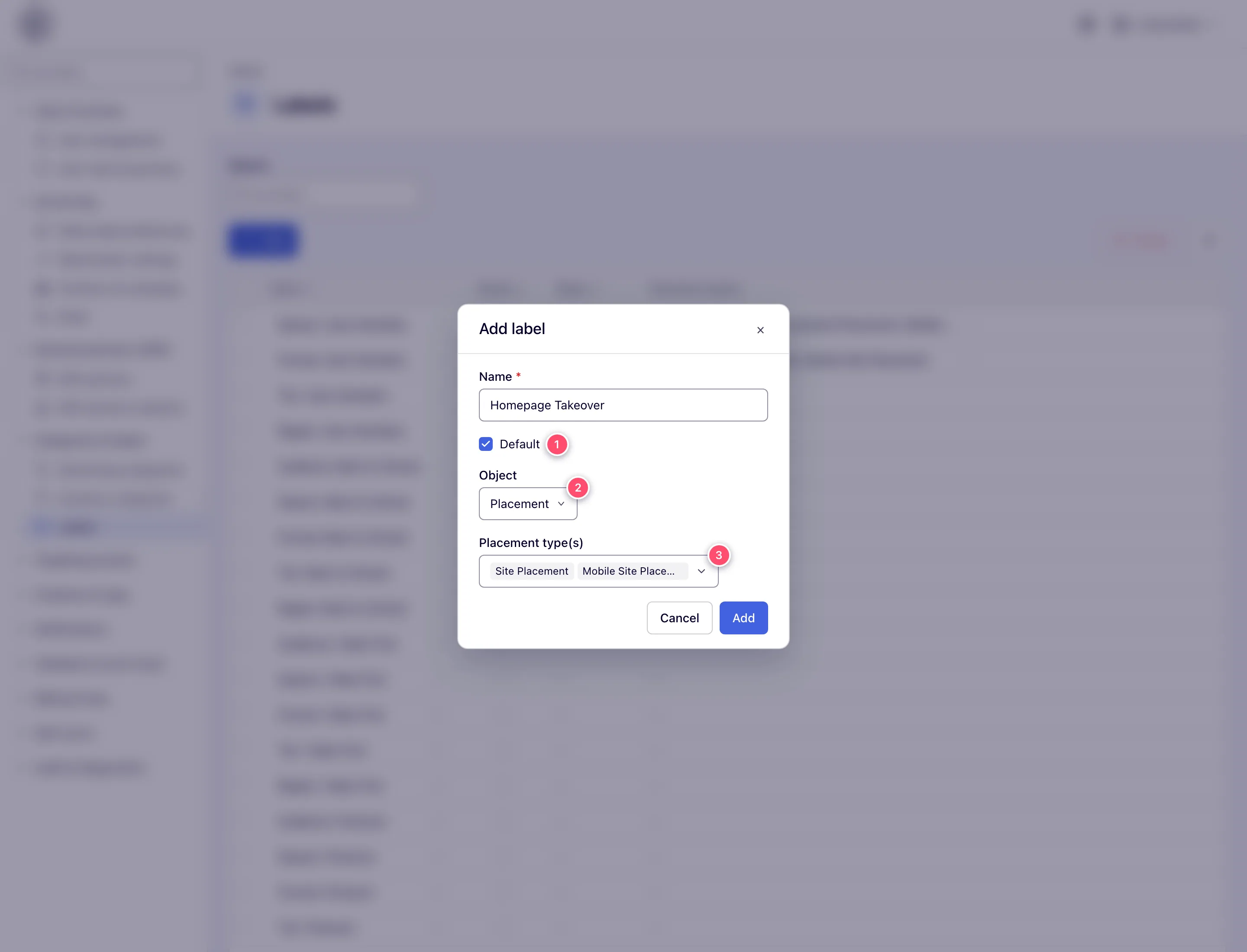 Label dialog with Default ticked, Object set to Placement and two placement types picked