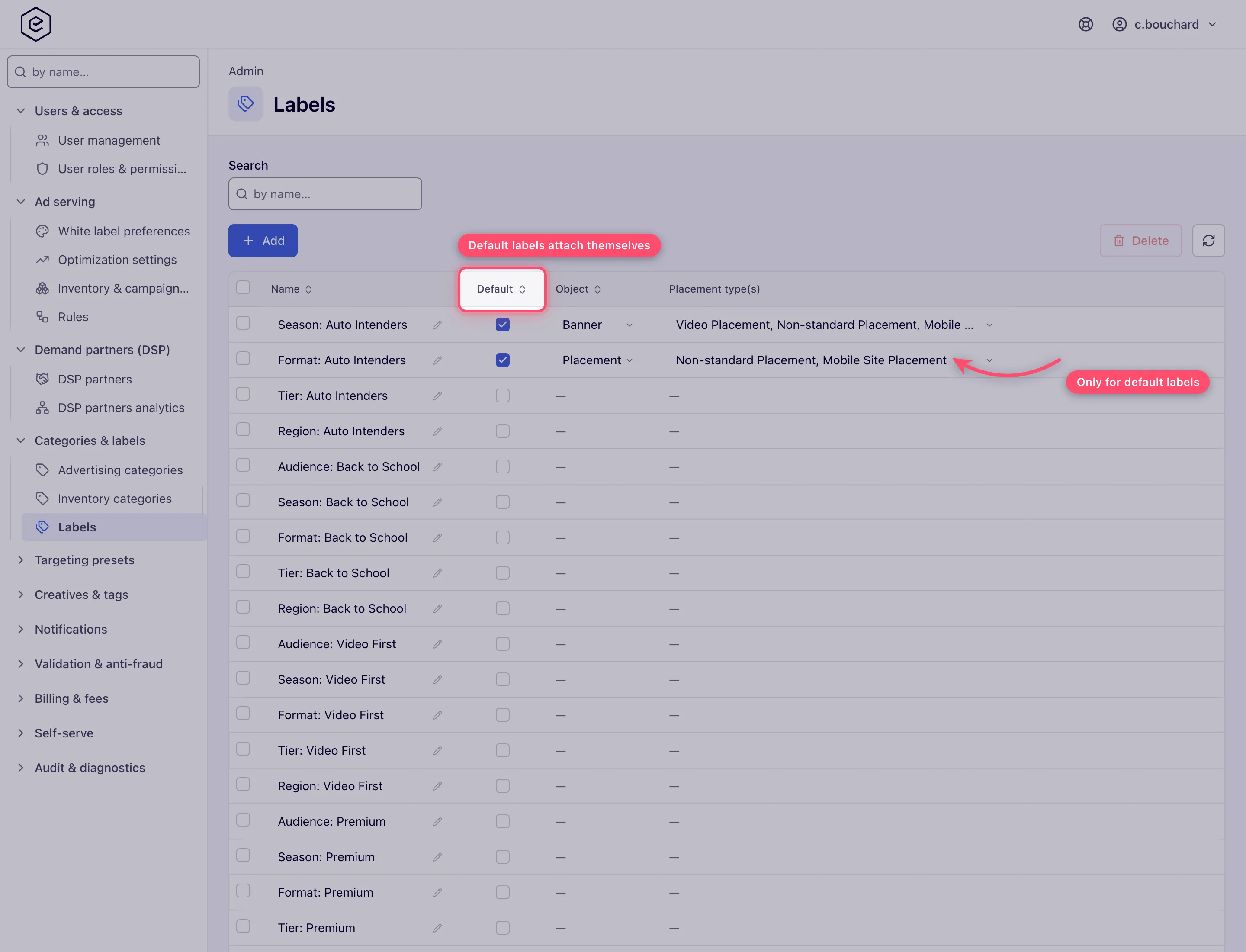 Labels admin page listing labels with the Default, Object and Placement type(s) columns