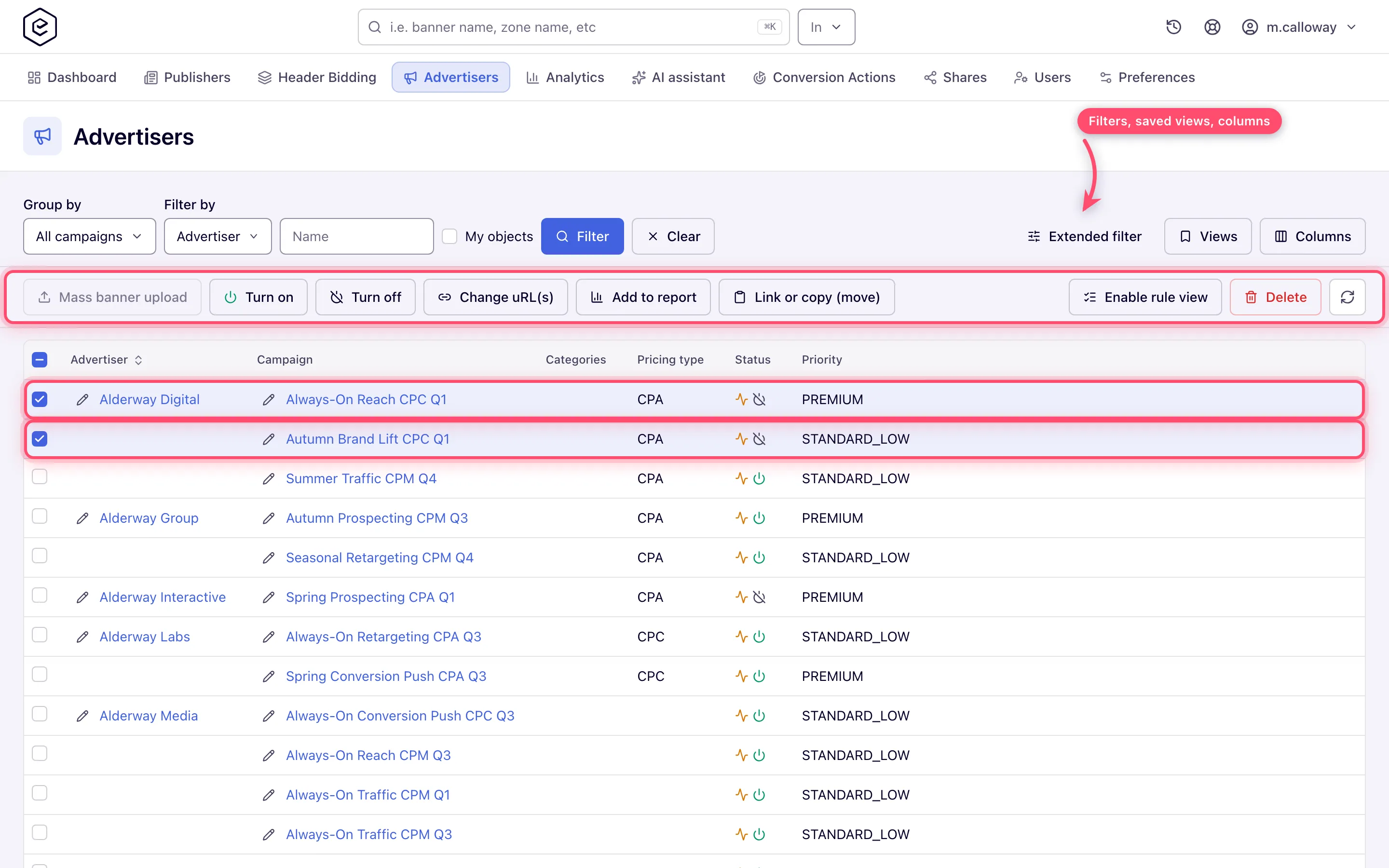 Campaigns grid with two rows selected and the bulk buttons enabled in the toolbar