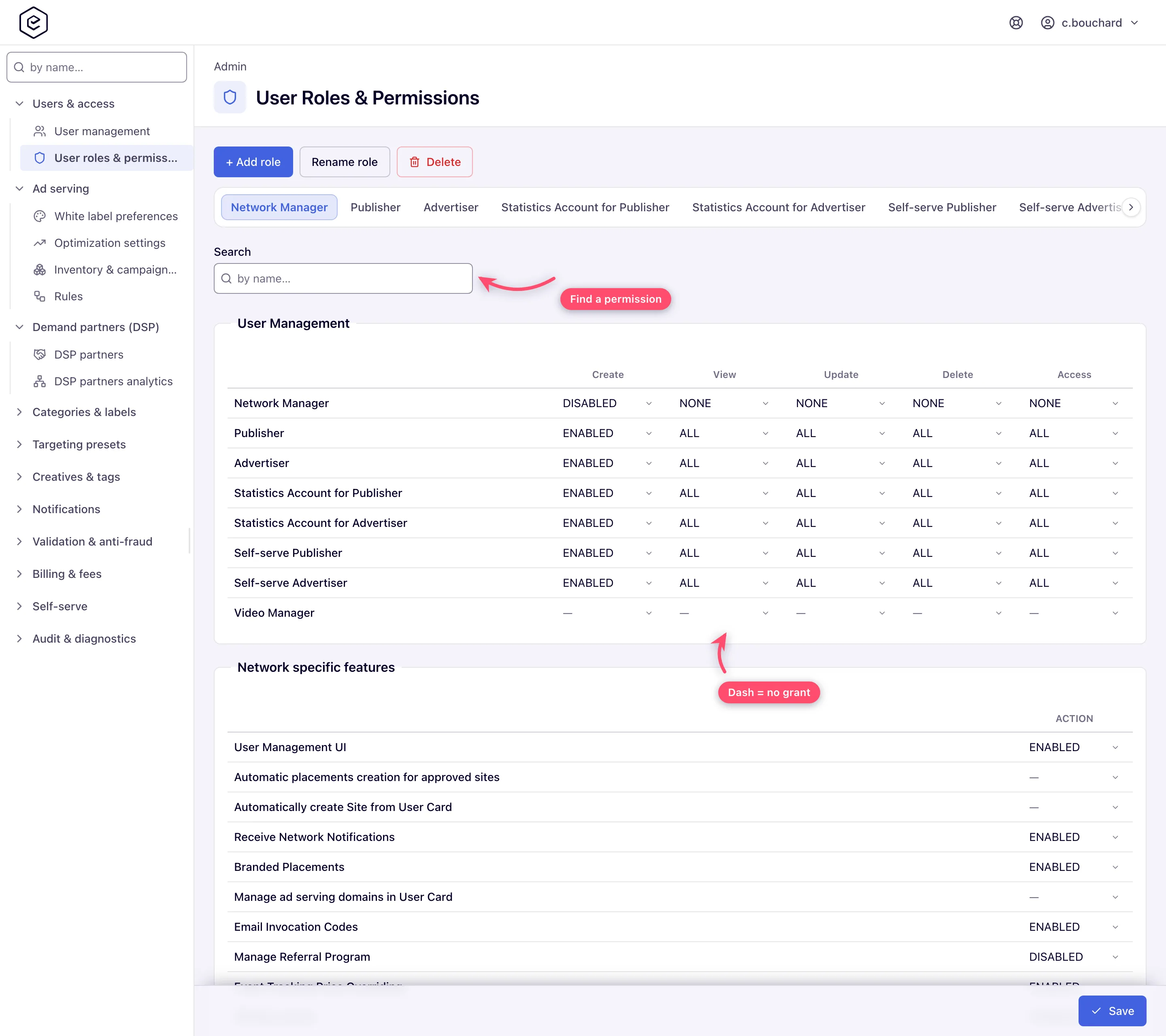 User Roles & Permissions with the User Management group: one row per role and a granting-type cell per operation
