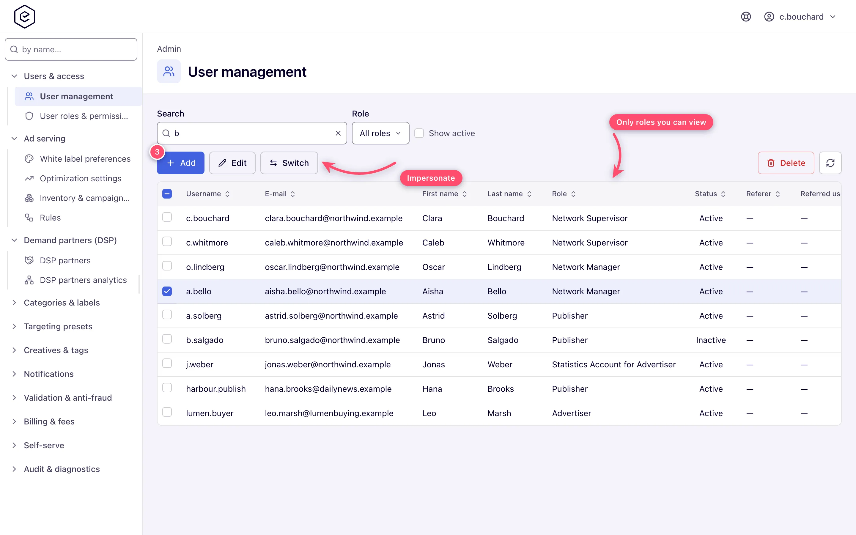 User management grid narrowed by a search term, showing the Role column and the row action toolbar with a row selected