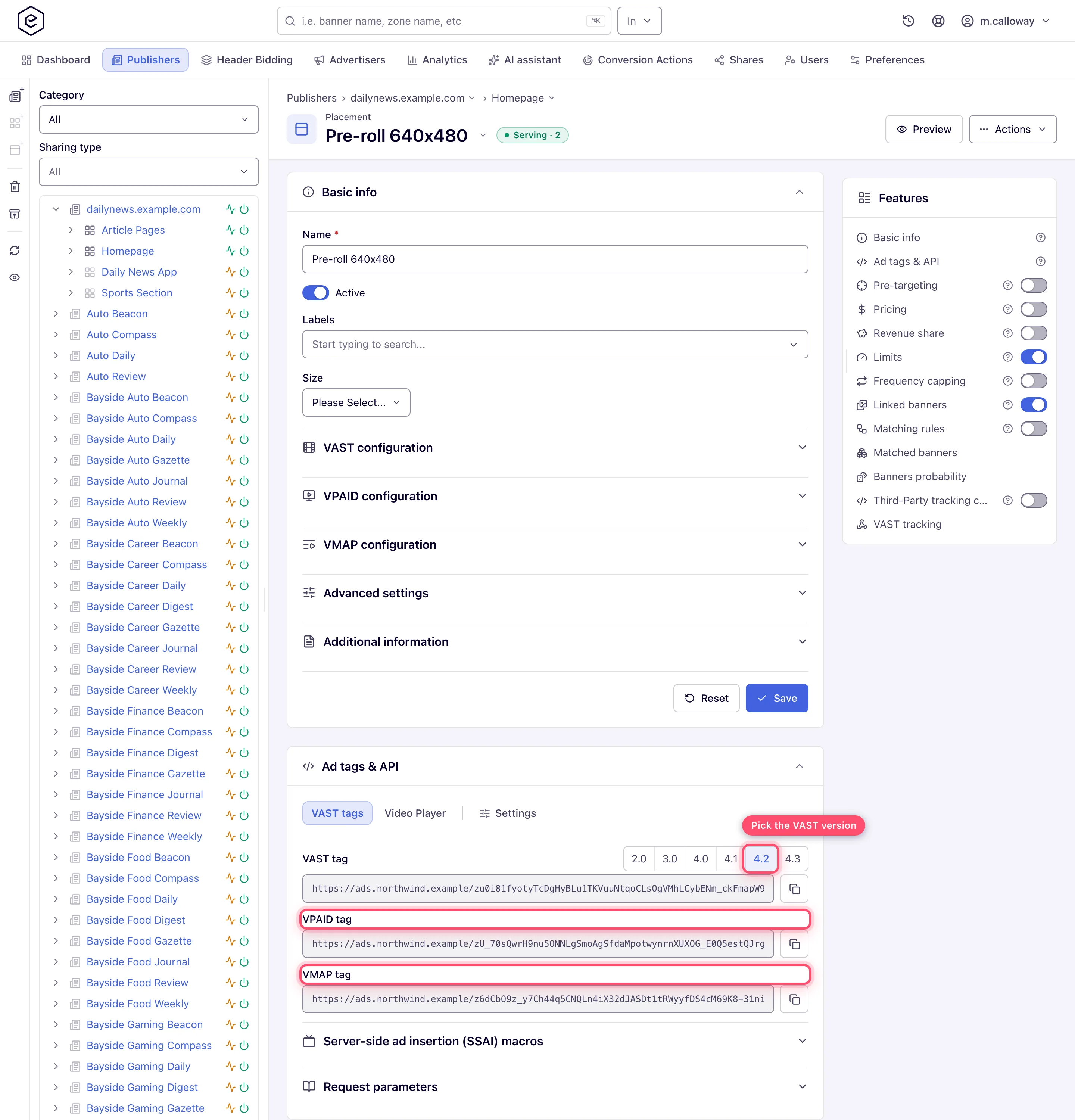 VAST tag field with its version picker, plus the VPAID and VMAP tag URLs