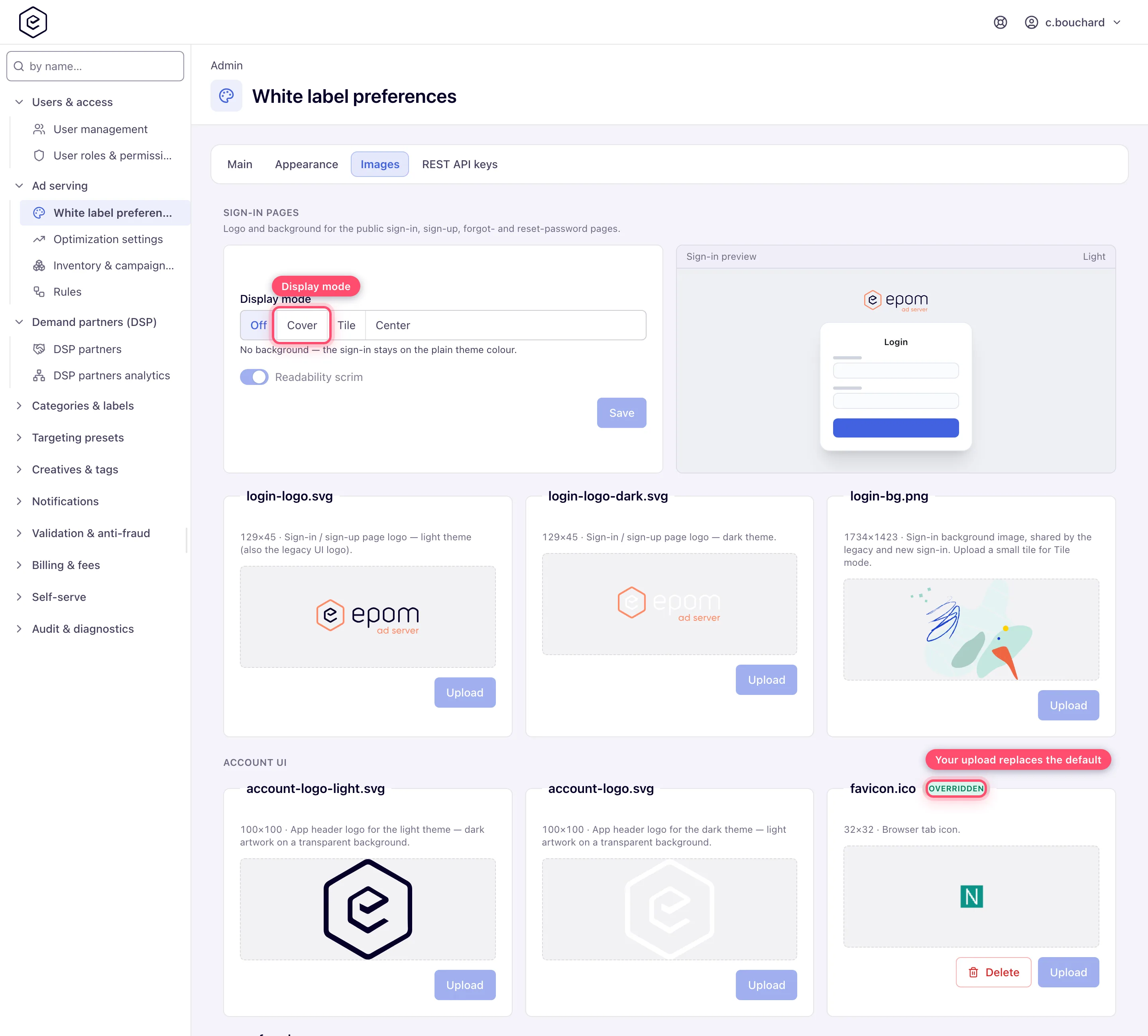 Images tab: the Sign-in pages section with display-mode controls and live preview, plus grouped image slots with an Overridden badge on favicon.ico