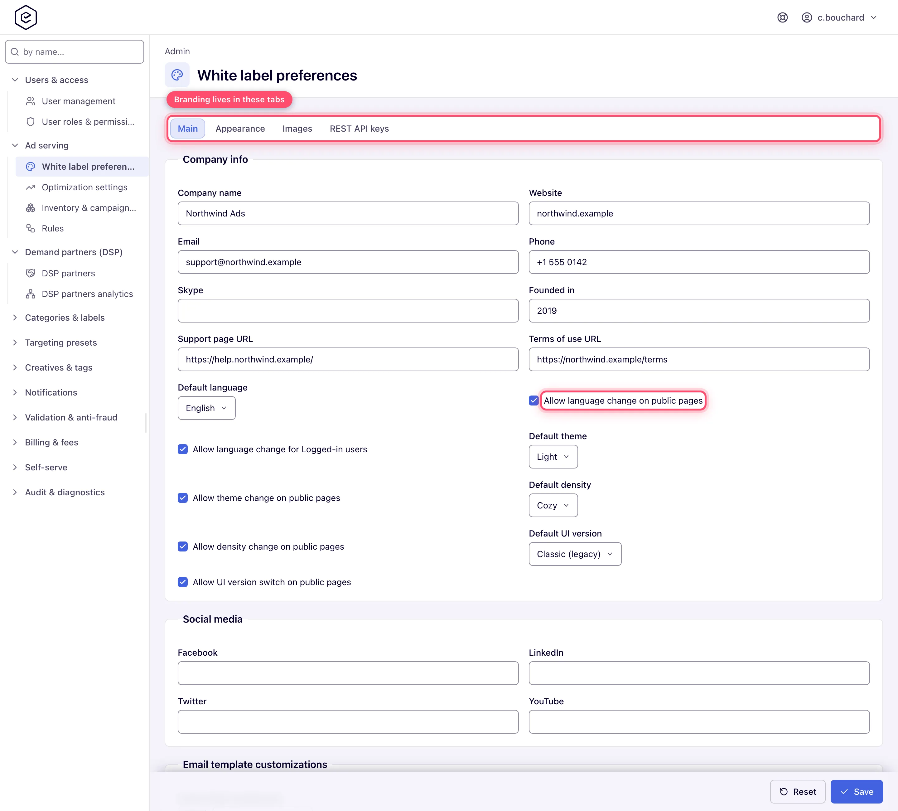 White label preferences, Main tab: the four tabs and the Company info card with the language, theme, density and UI-version defaults