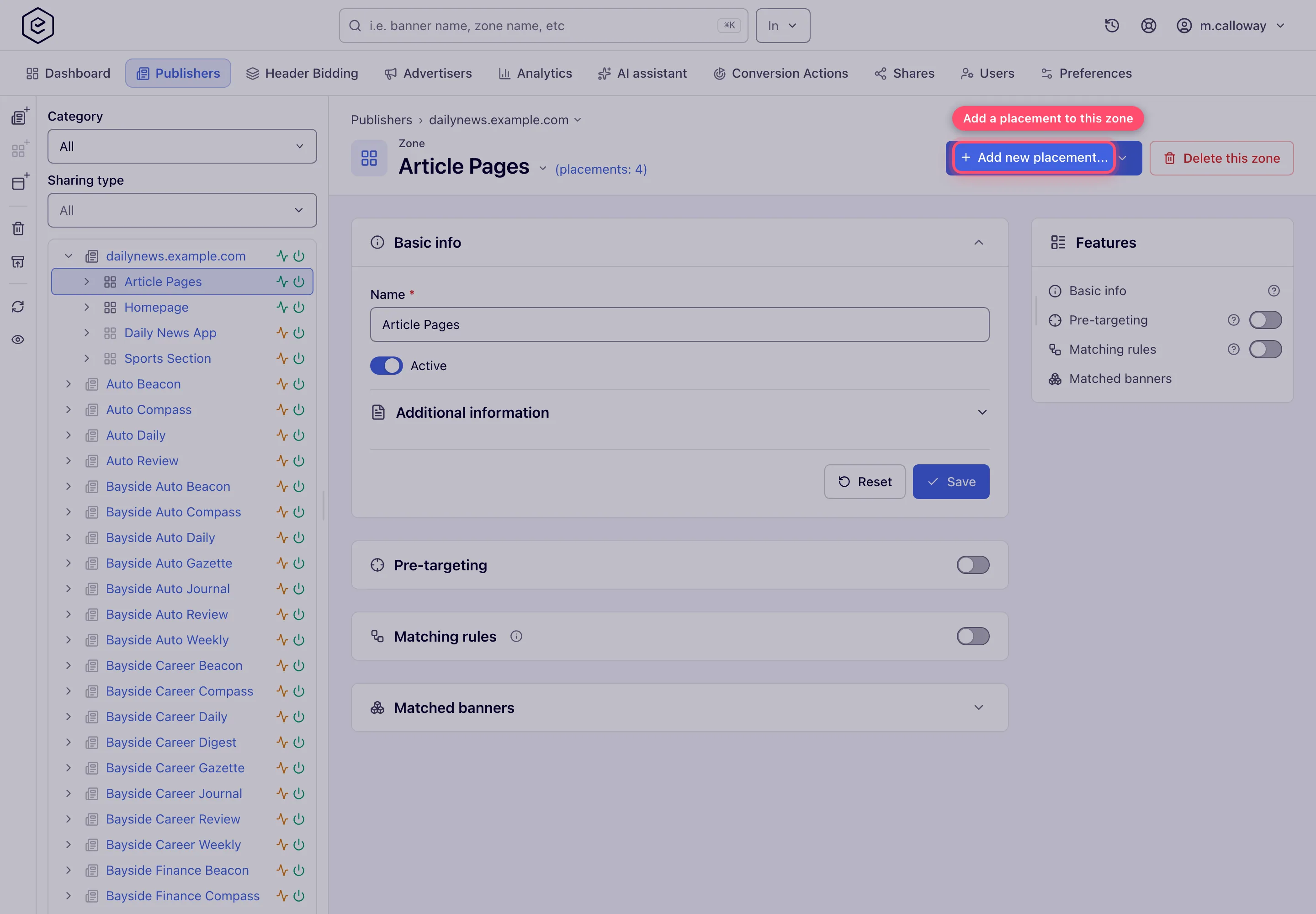 Zone editor with the placements counter, header buttons and the feature rail