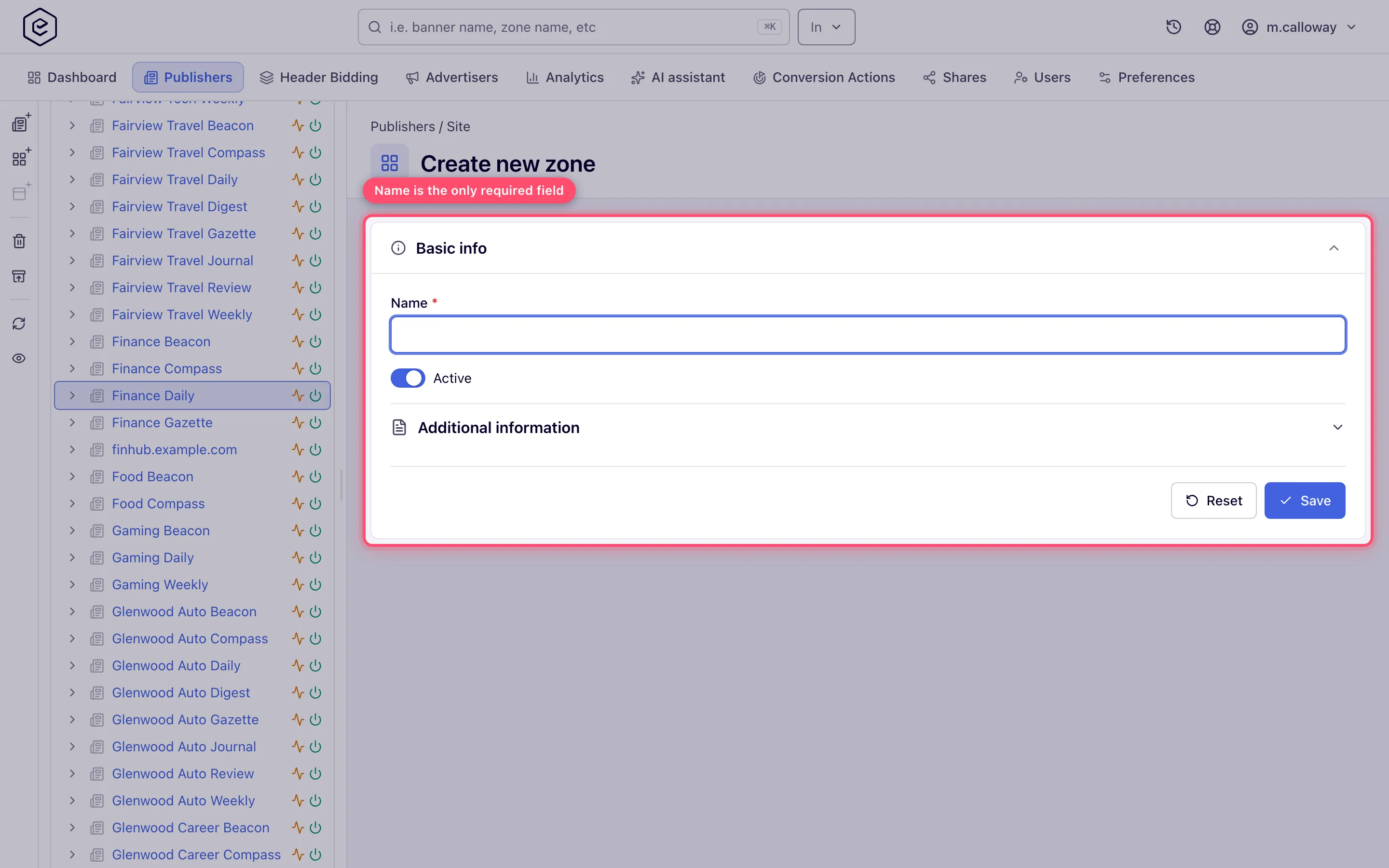 Create new zone form with the Name field and the Active switch