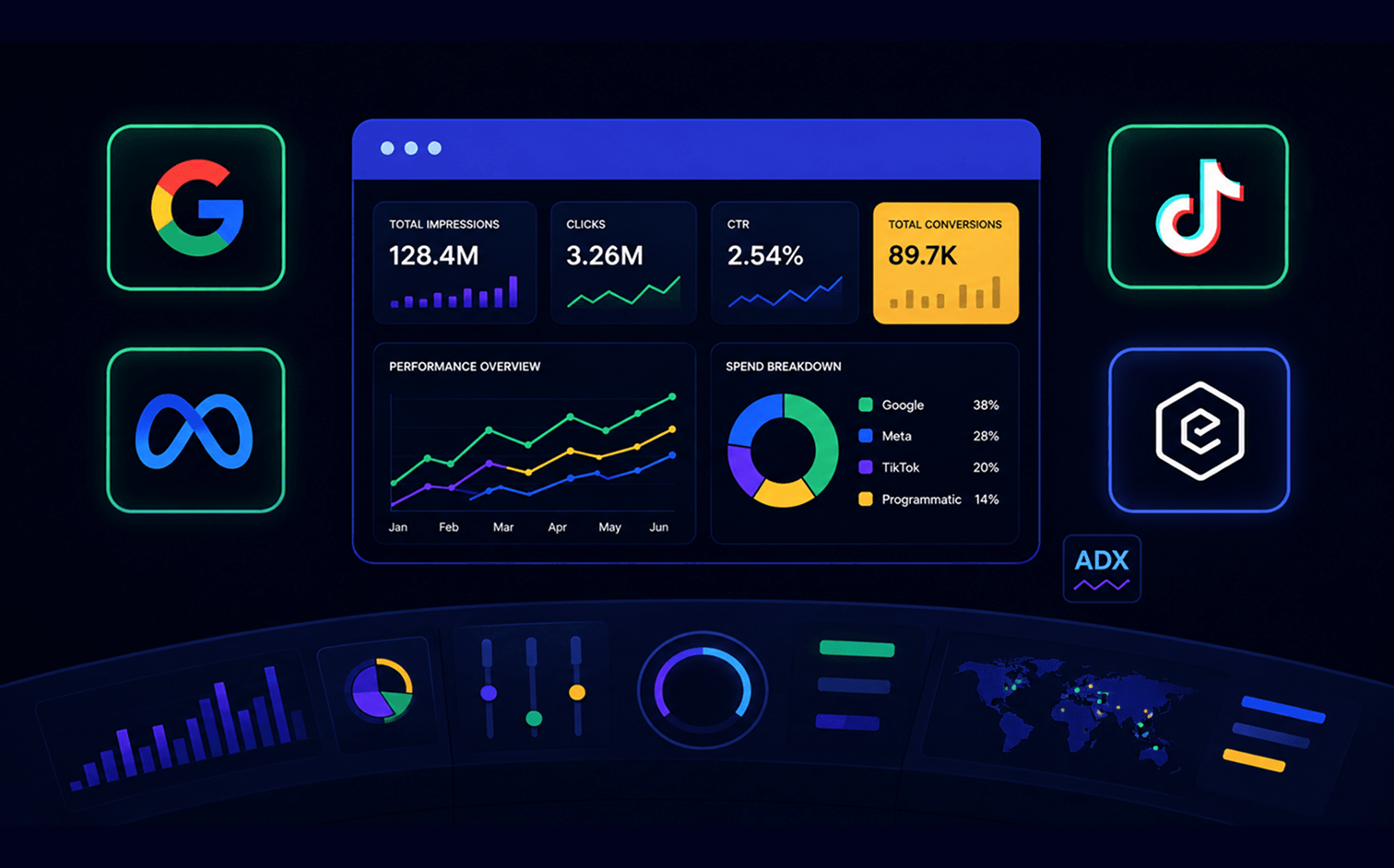 Epom mascot at an advertising platform control panel comparing best advertising platforms including Google, Meta, TikTok, and programmatic DSPs for 2026 campaigns.