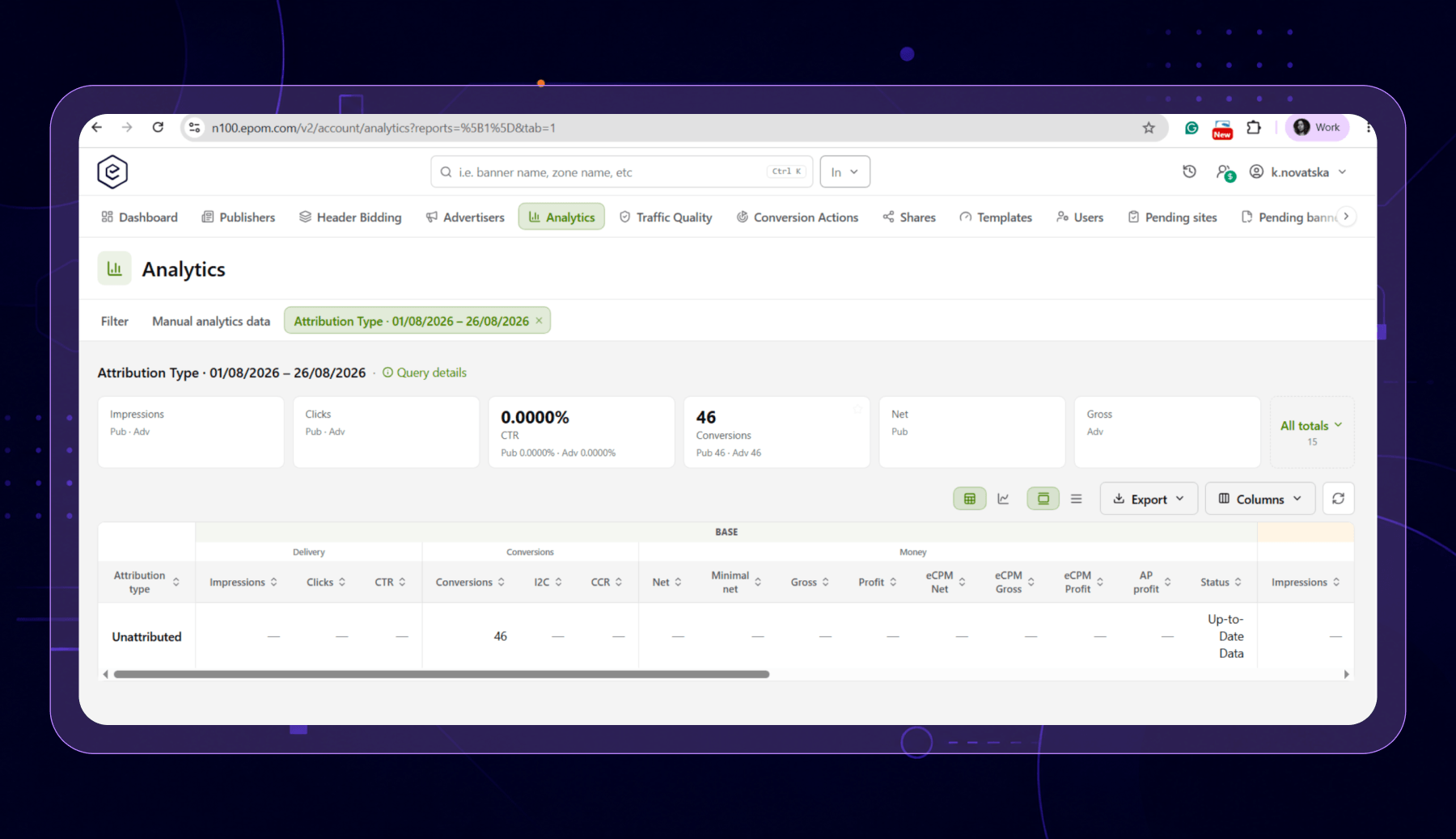 Epom ad server — post-click and post-view conversion columns in a report