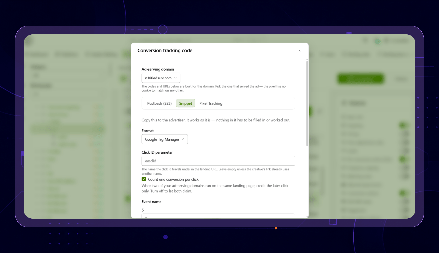 Epom ad server — Snippet tab generating the landing-page block