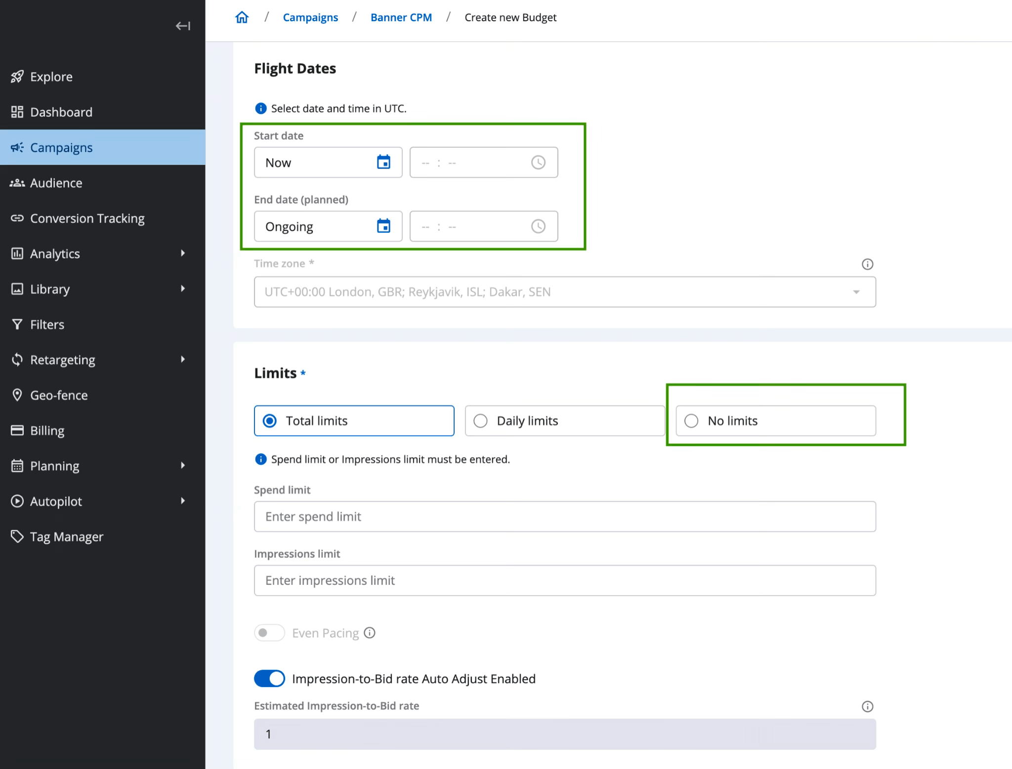 Epom DSP 8.2: Endless Budget setup with Ongoing end date and No Limits option