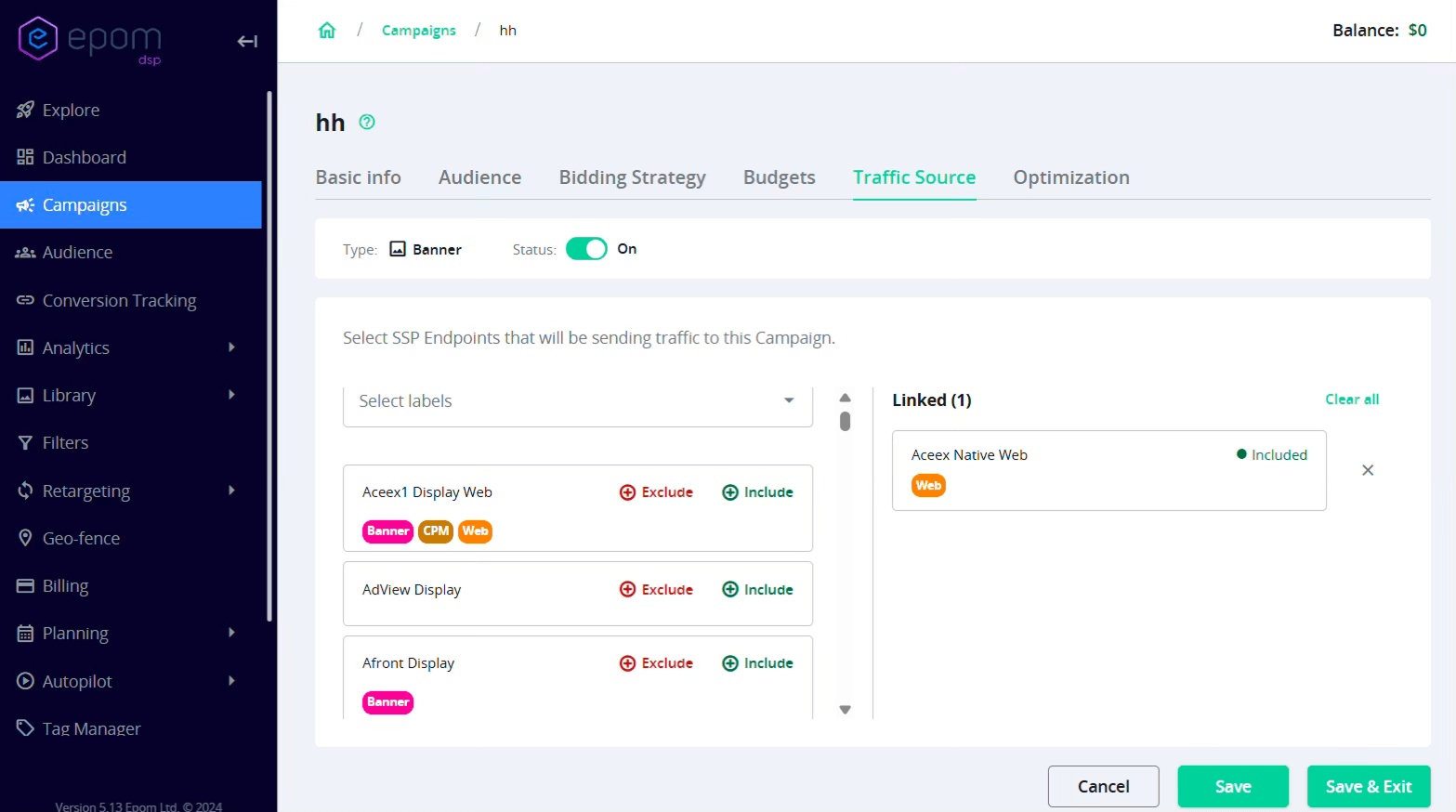Epom DSP 8.2: Traffic Source tab with label filter and labeled SSP list