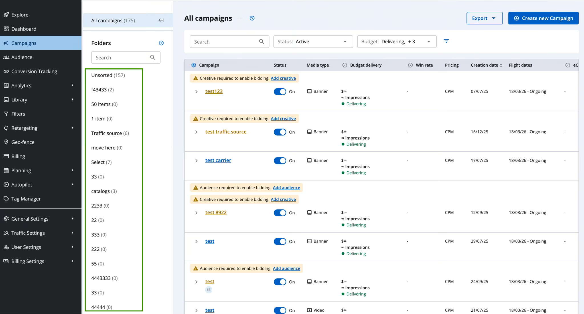 Epom DSP 8.2: Campaign folder list with drag-and-drop reorder