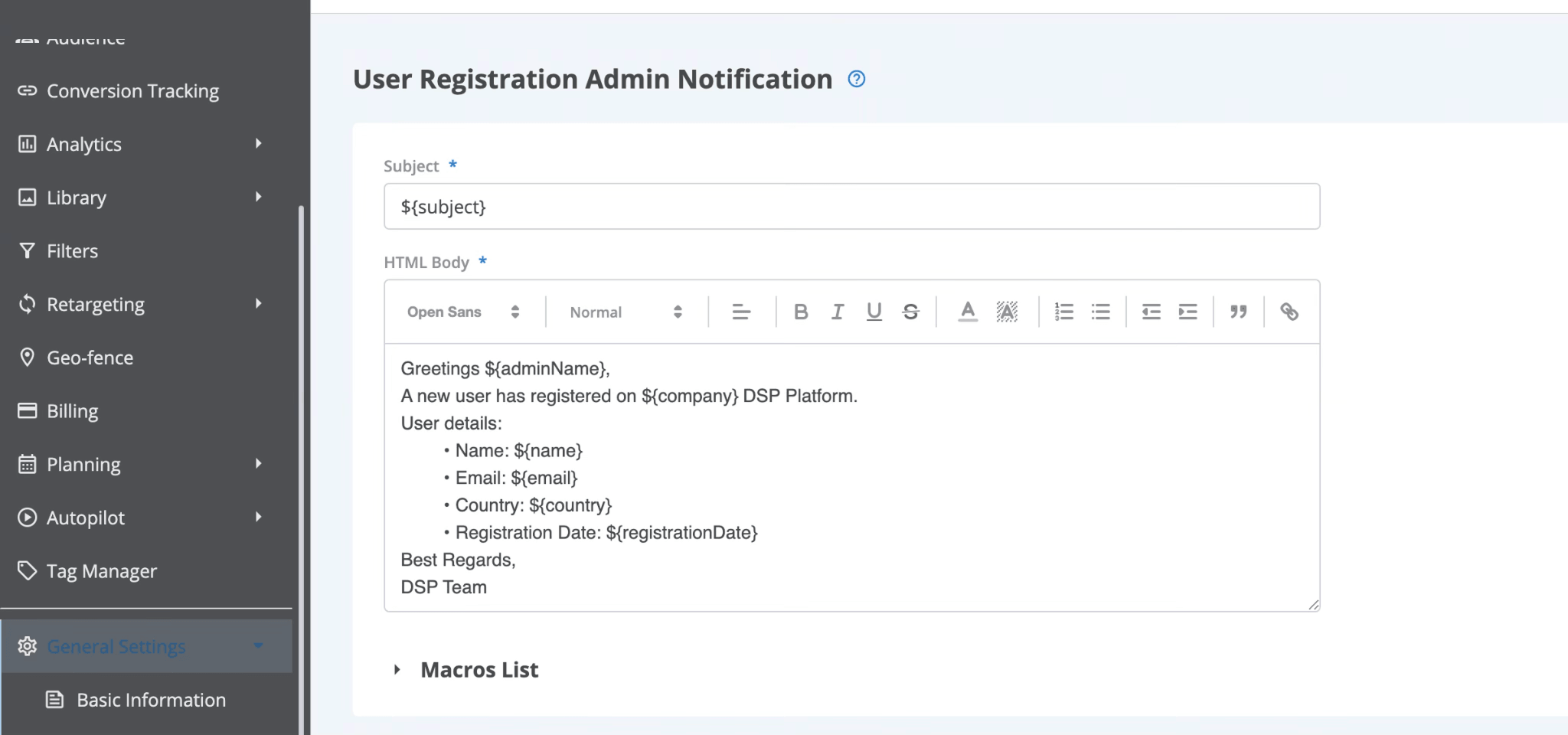 Epom DSP 8.2: Admin registration notification template in Email Sender settings