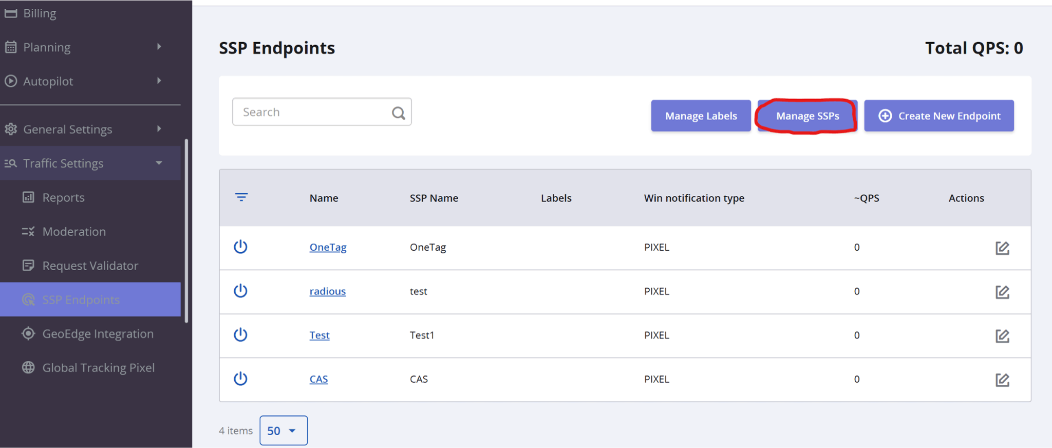Manage SSPs Screen