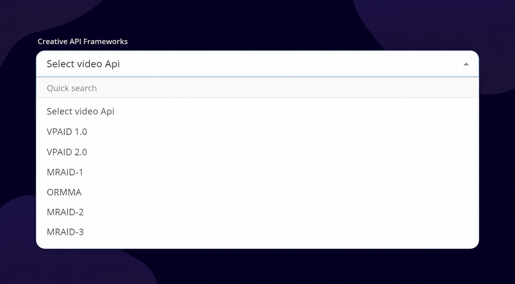 API Framework Selection Screen