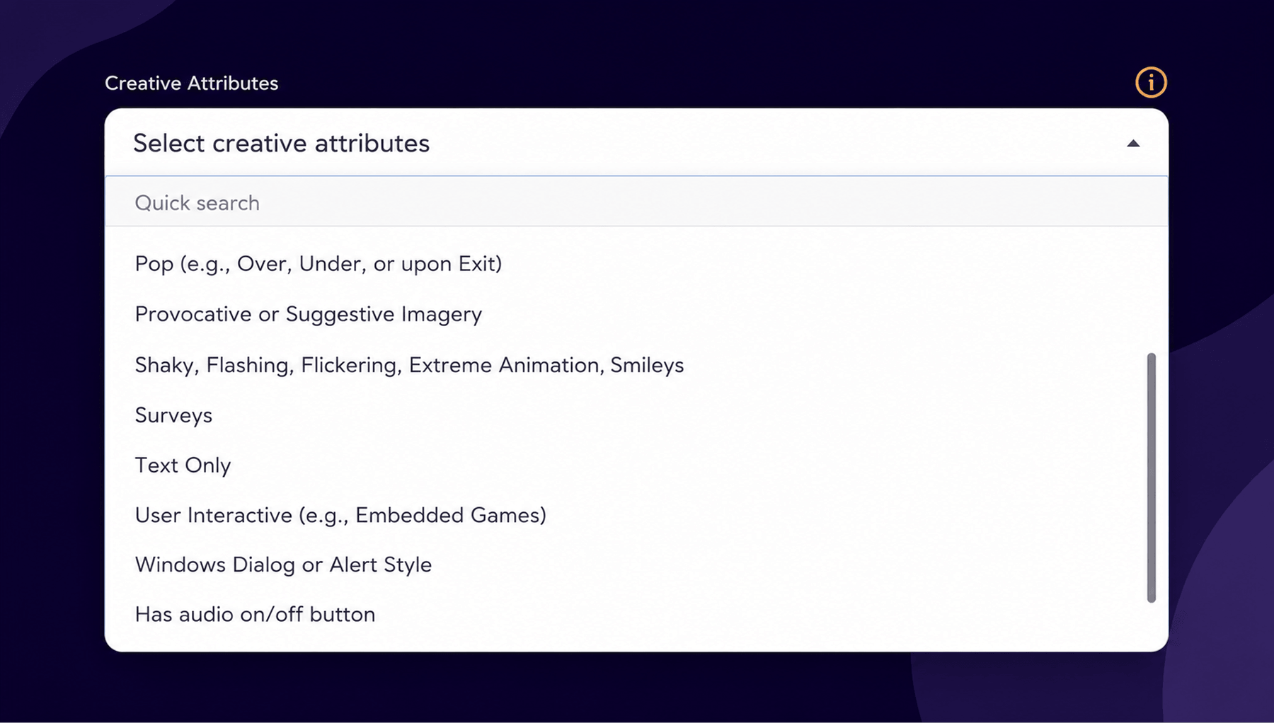 Creative Attributes Selection Screen