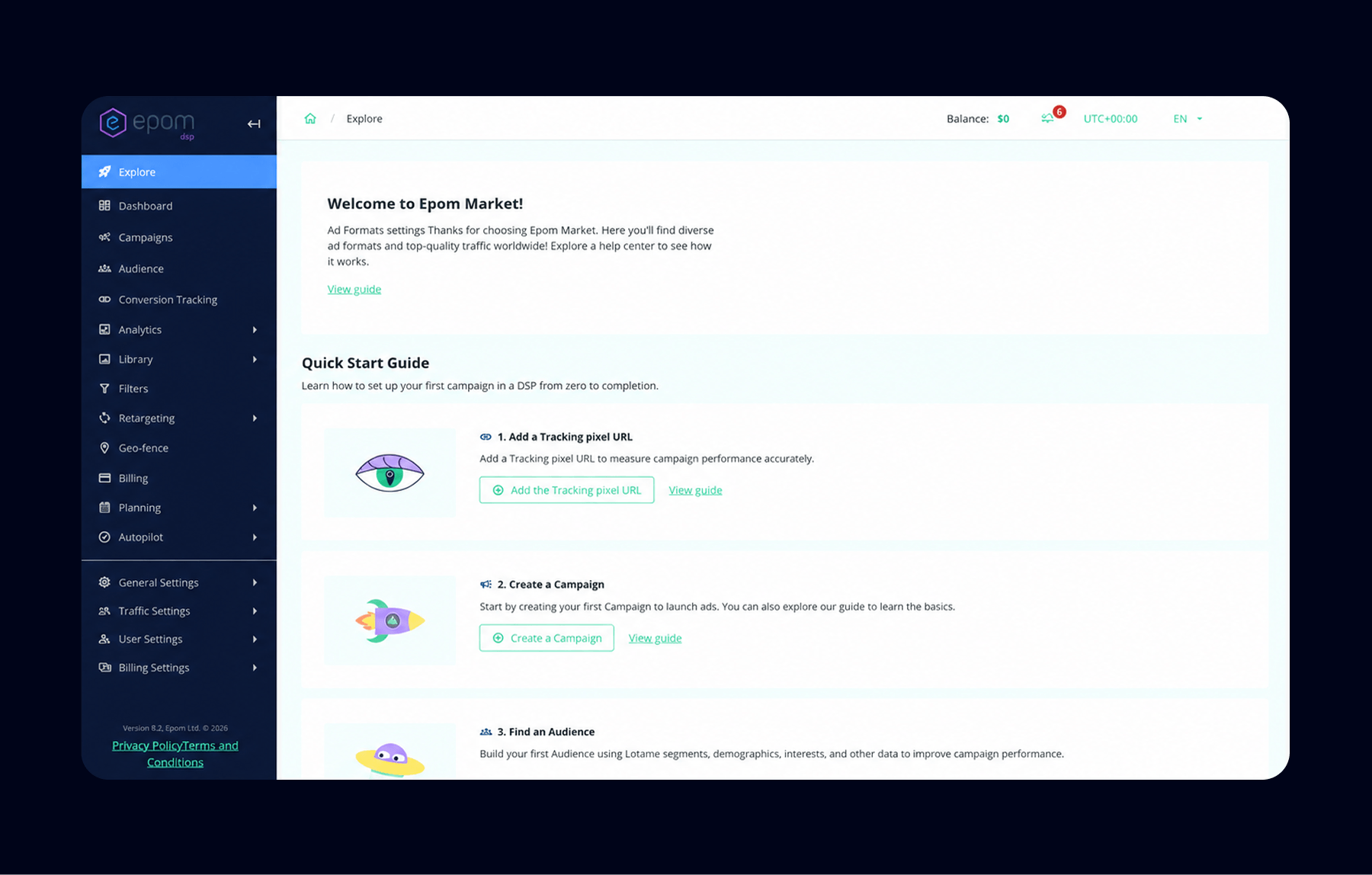 Epom DSP dashboard with campaign setup quick start guide and navigation sidebar.