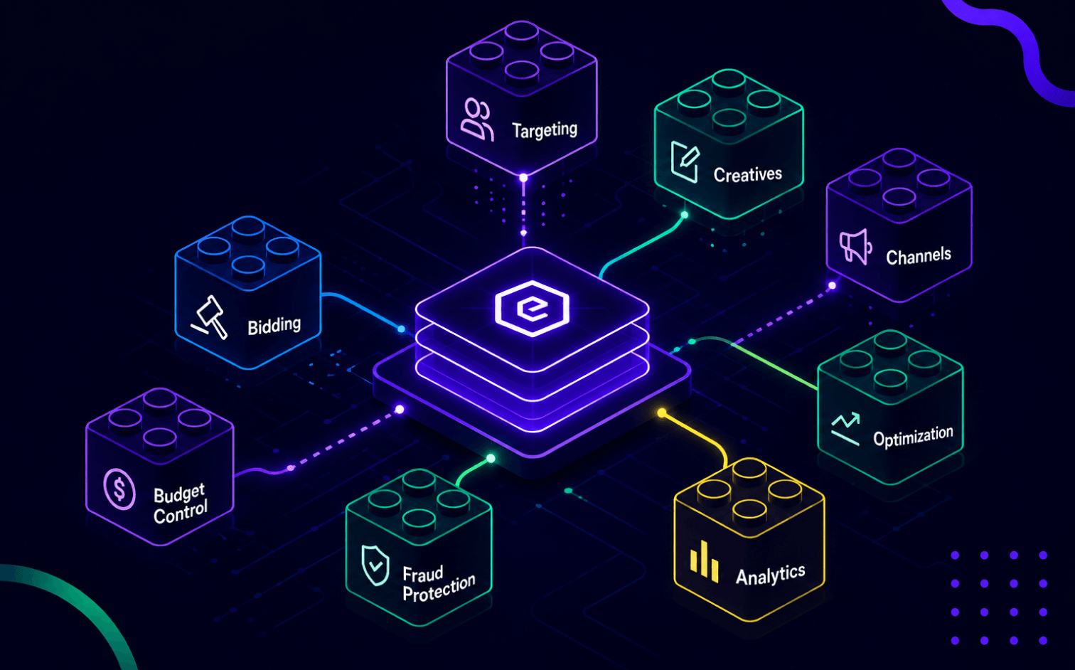 Epom mascot managing a self-serve advertising platform dashboard showing campaign controls, audience targeting, and real-time performance metrics.