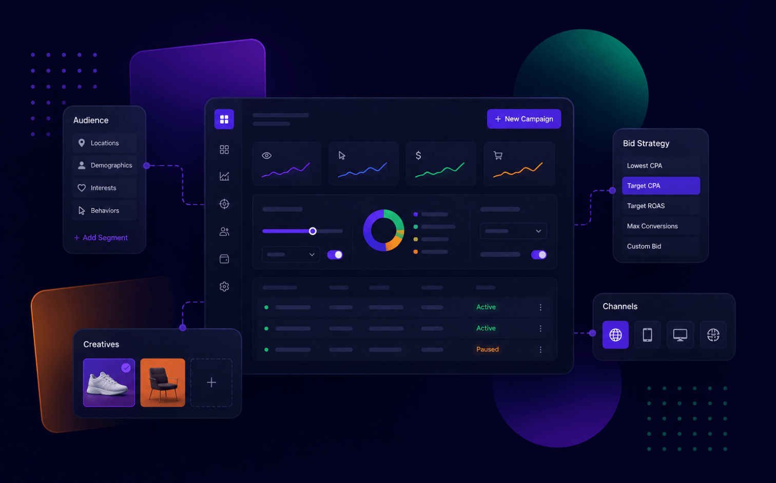Green Epom mascot pressing a glowing control panel button in a playful self-serve dashboard scene.
