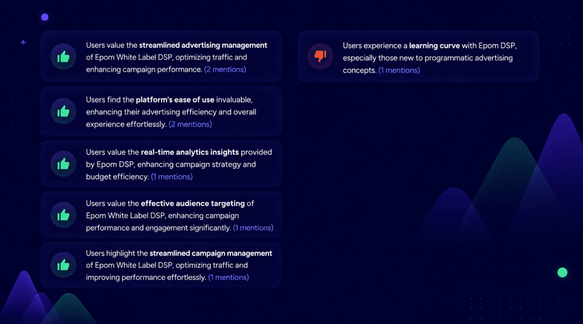 Summary of pros and cons of Epom DSP platform based on G2 reviews