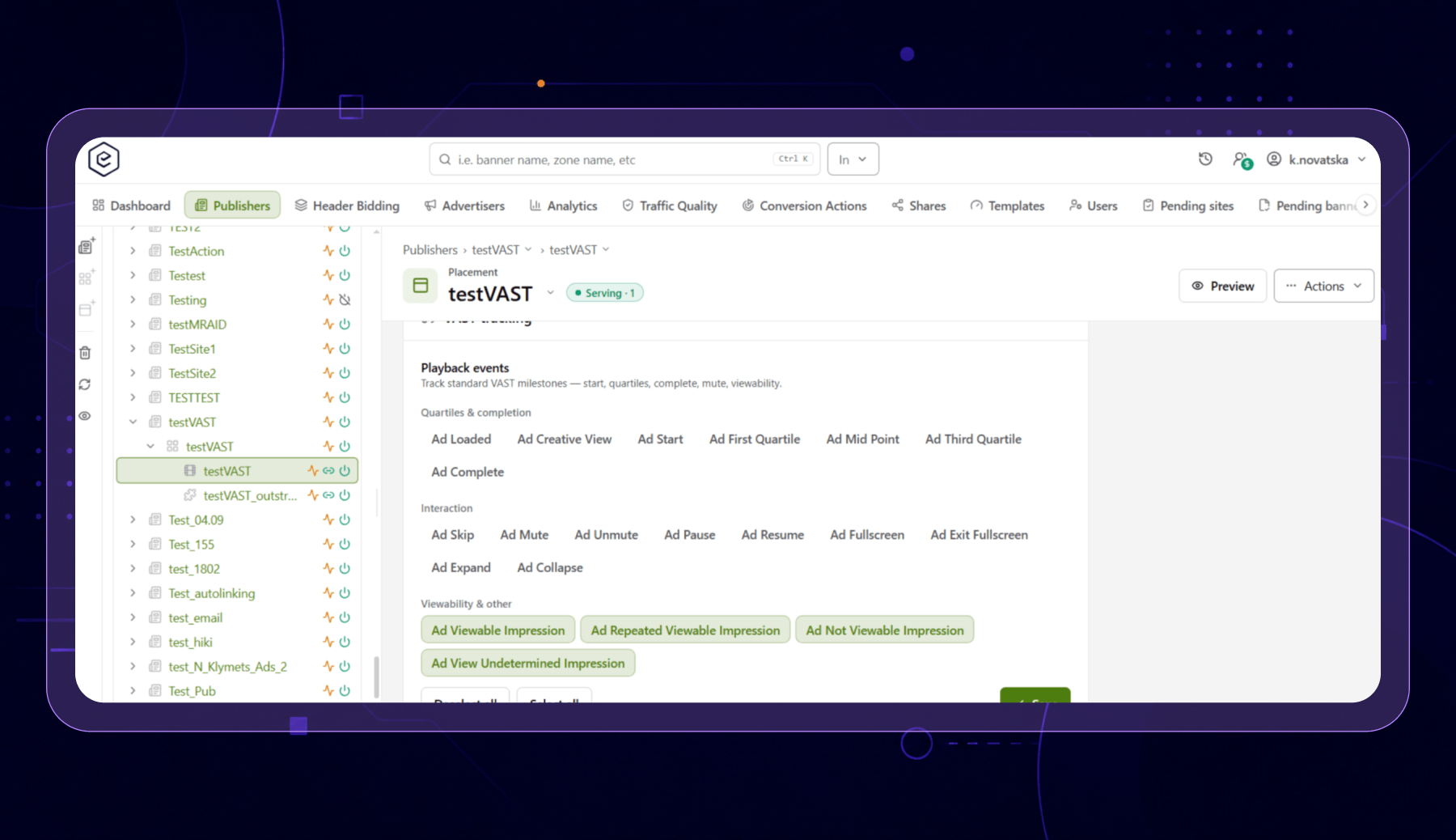 Epom ad server — viewability tracking configured on a video placement