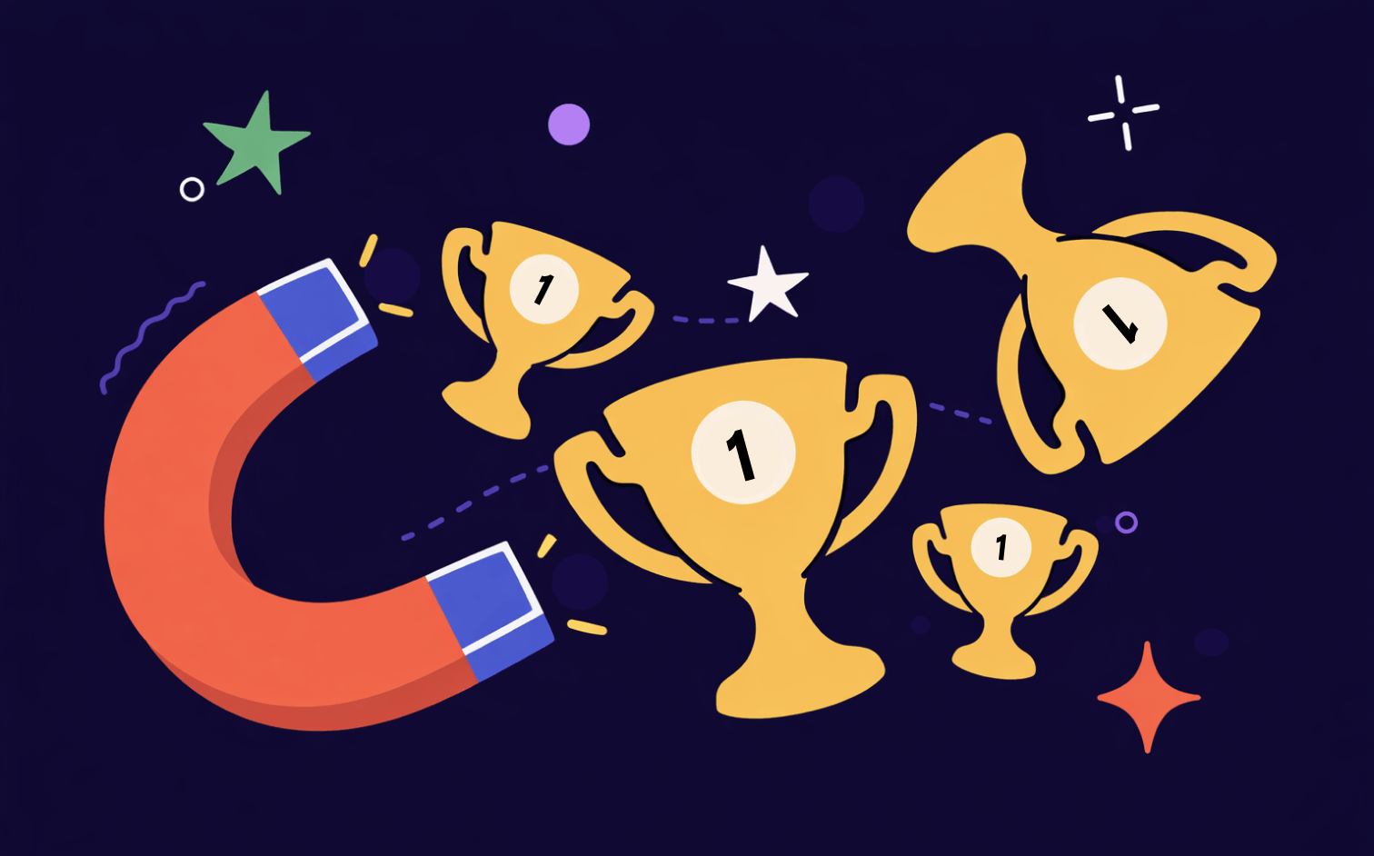 Magnet attracts three gold trophies symbolizing retargeting wins.